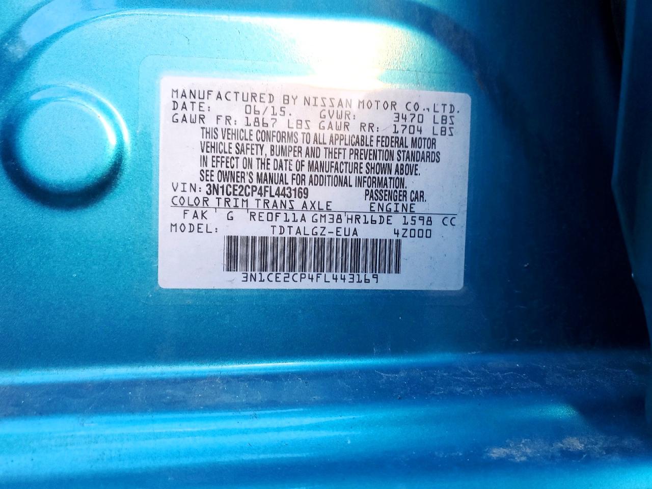 2015 Nissan Versa Note S Бирюзовый vin: 3N1CE2CP4FL443169