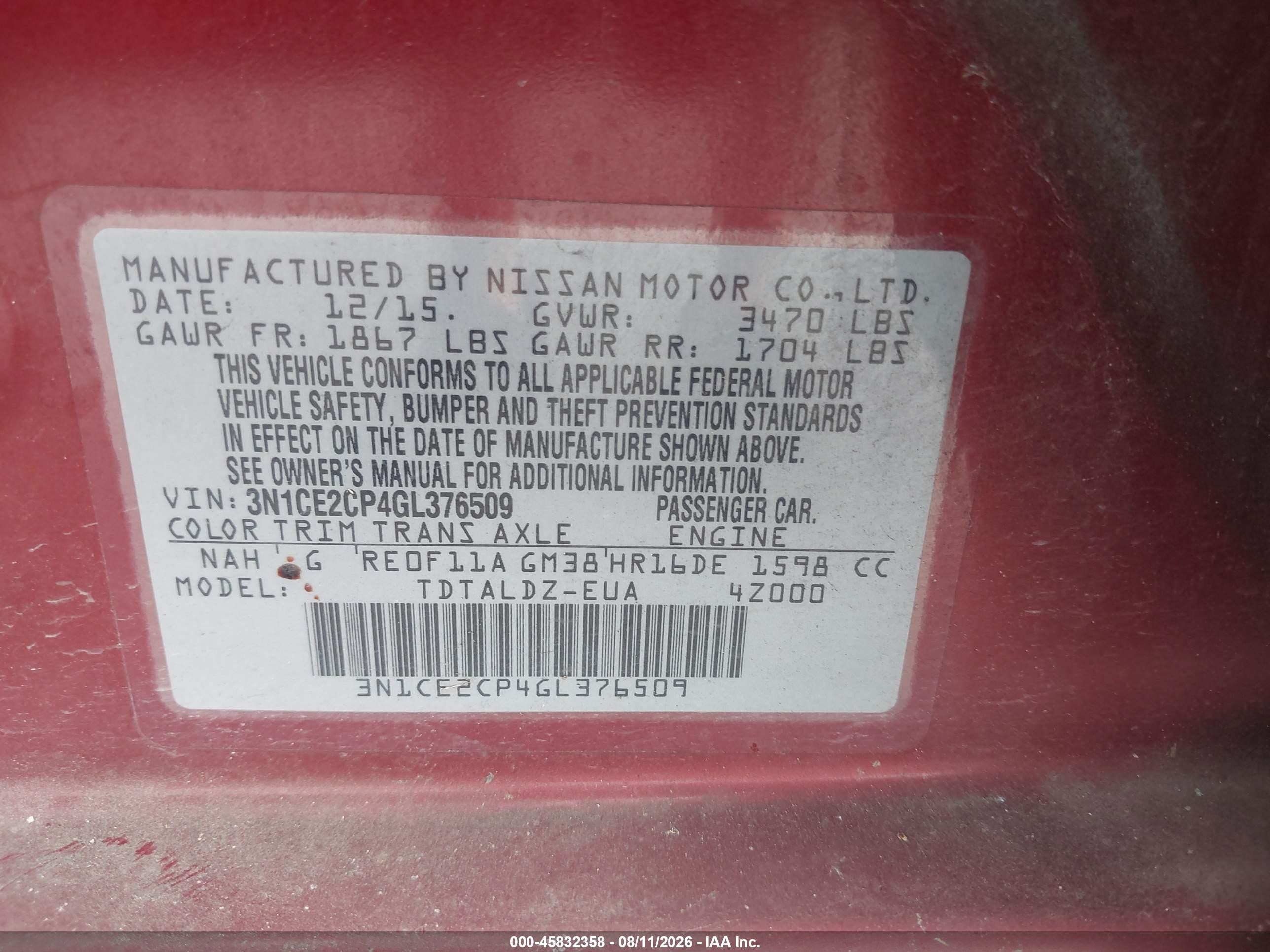 2016 Nissan Versa Note S (sr)/s Plus/sl/sr/sv Red vin: 3N1CE2CP4GL376509