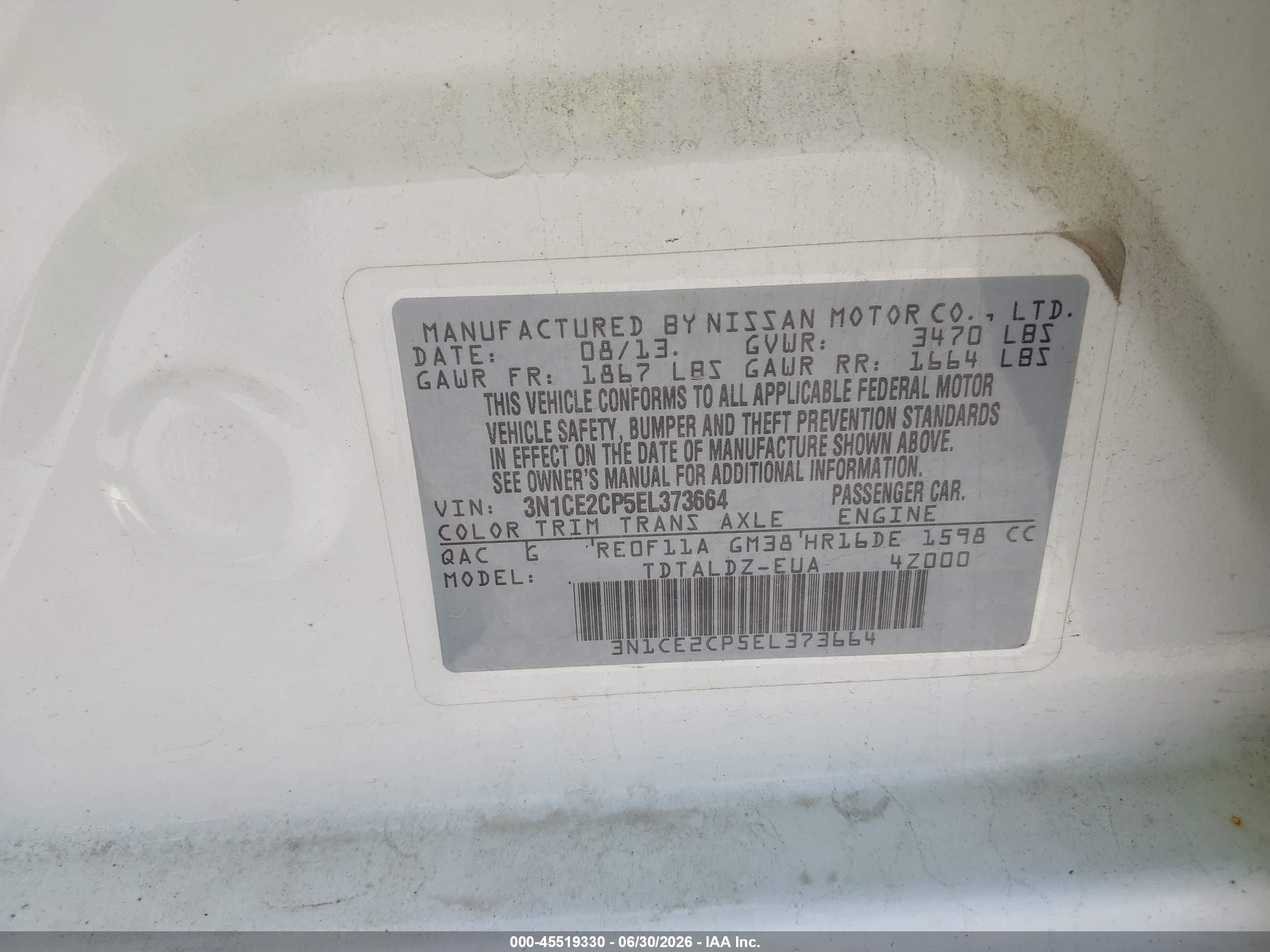 2014 Nissan Versa Note Sv White vin: 3N1CE2CP5EL373664