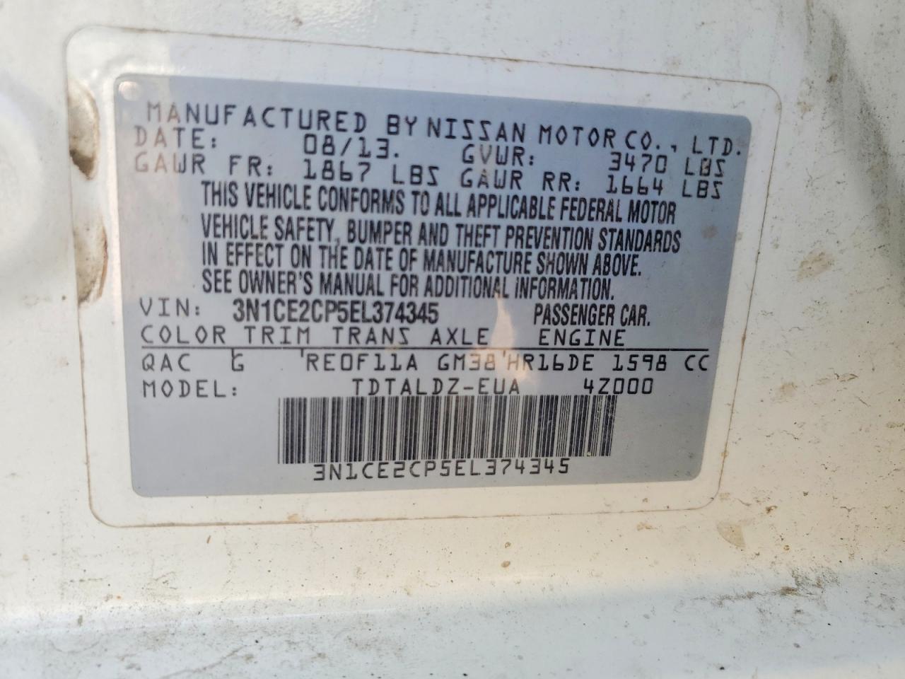 2014 Nissan Versa Note S White vin: 3N1CE2CP5EL374345