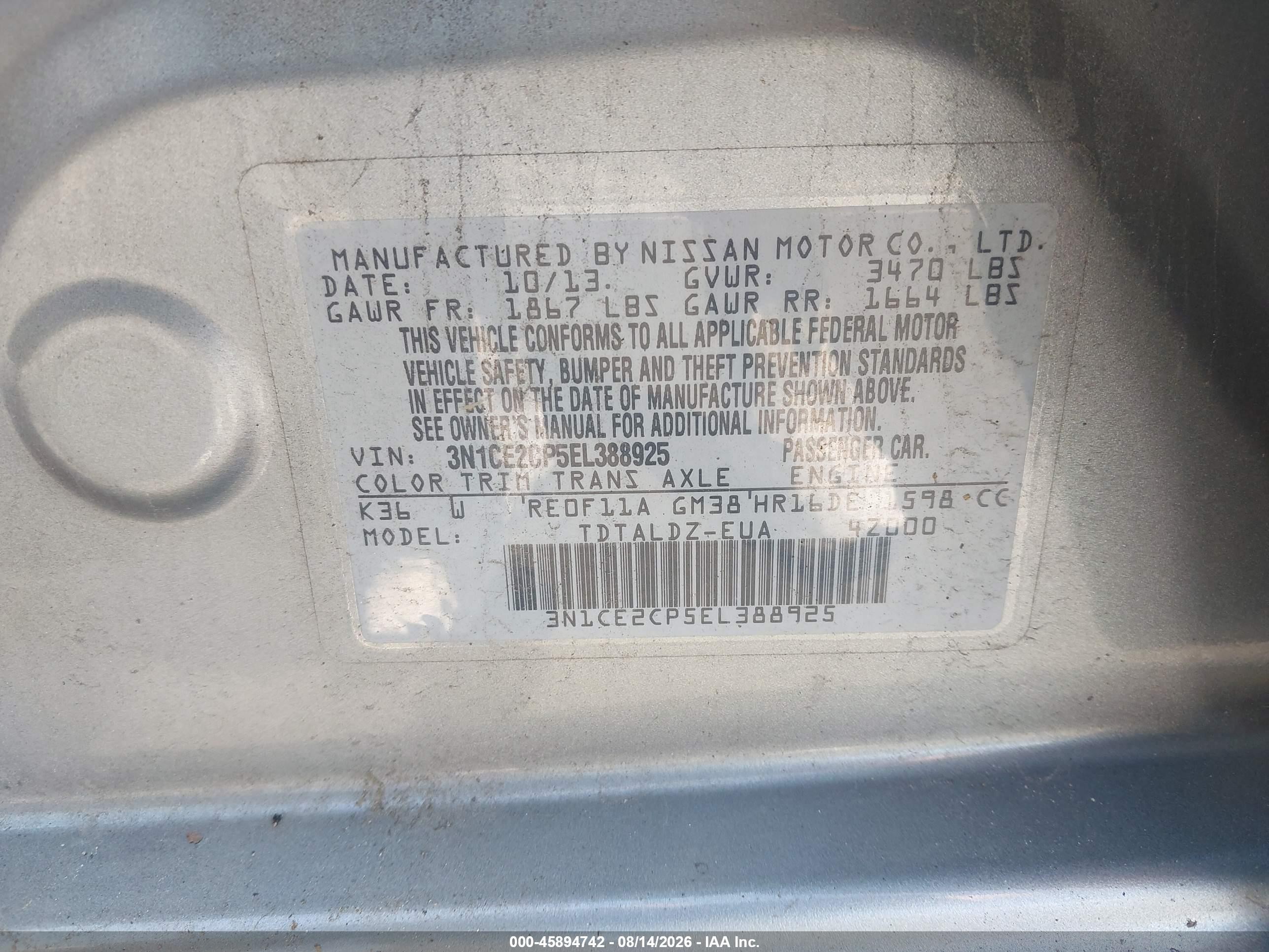 2014 Nissan Versa Note Sv Серебряный vin: 3N1CE2CP5EL388925
