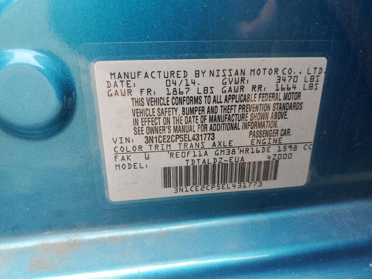 2014 Nissan Versa Note Sv Teal vin: 3N1CE2CP5EL431773