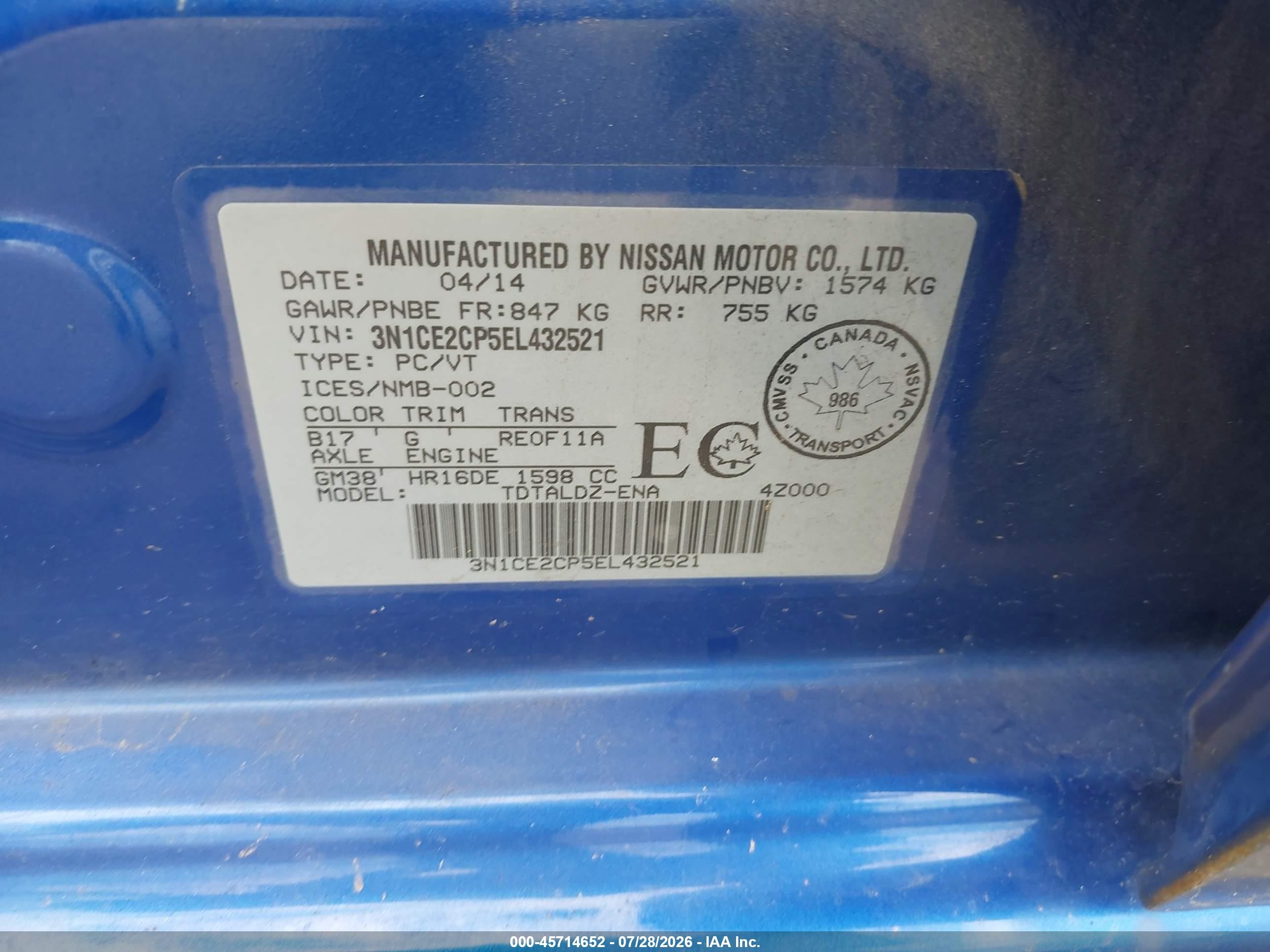 2014 Nissan Versa Note S (sr)/s Plus/sv Blue vin: 3N1CE2CP5EL432521