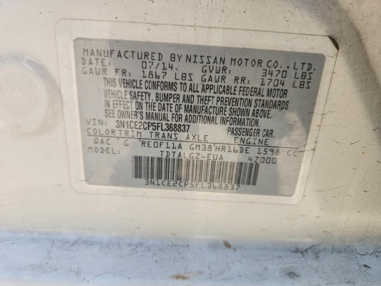 2015 Nissan Versa Note Sr White vin: 3N1CE2CP5FL368837