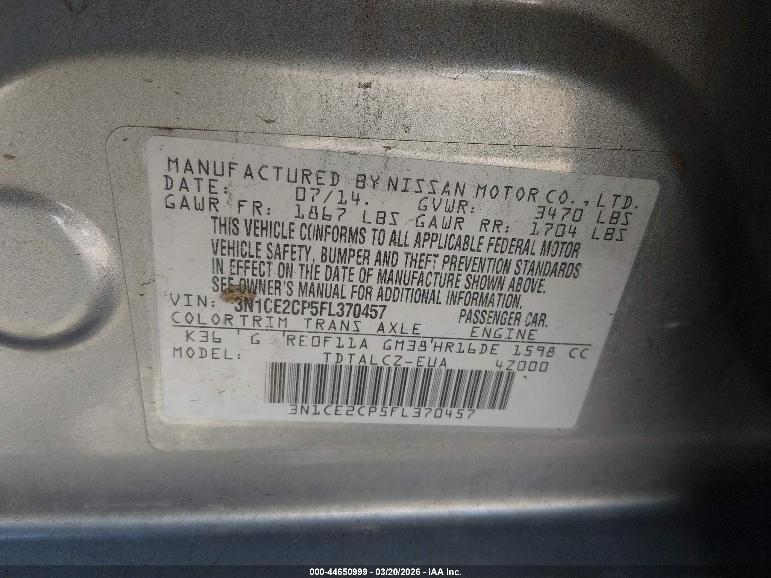 2015 Nissan Versa Note S Plus Gray vin: 3N1CE2CP5FL370457