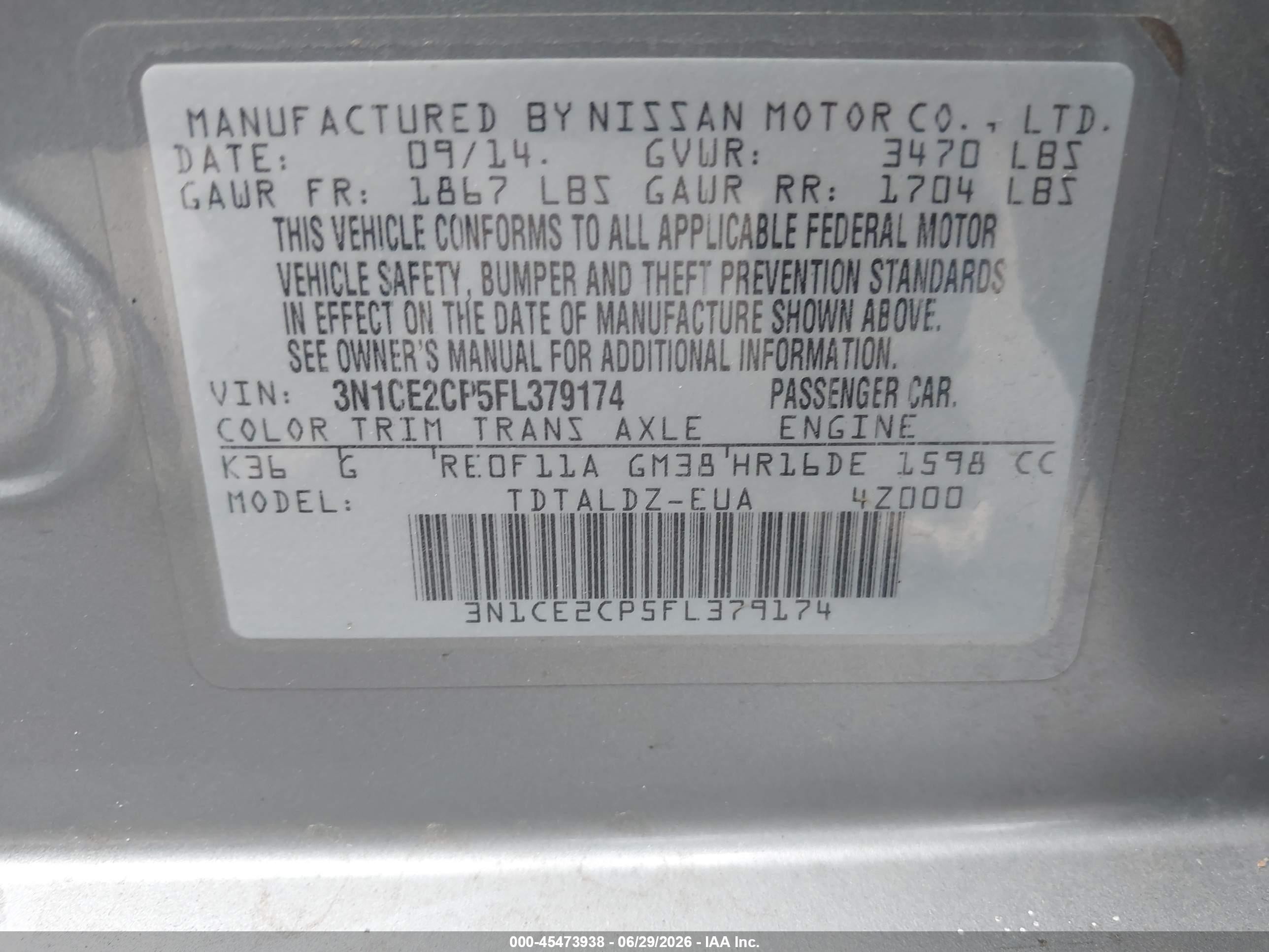 2015 Nissan Versa Note S (sr)/s Plus/sl/sr/sv Gray vin: 3N1CE2CP5FL379174
