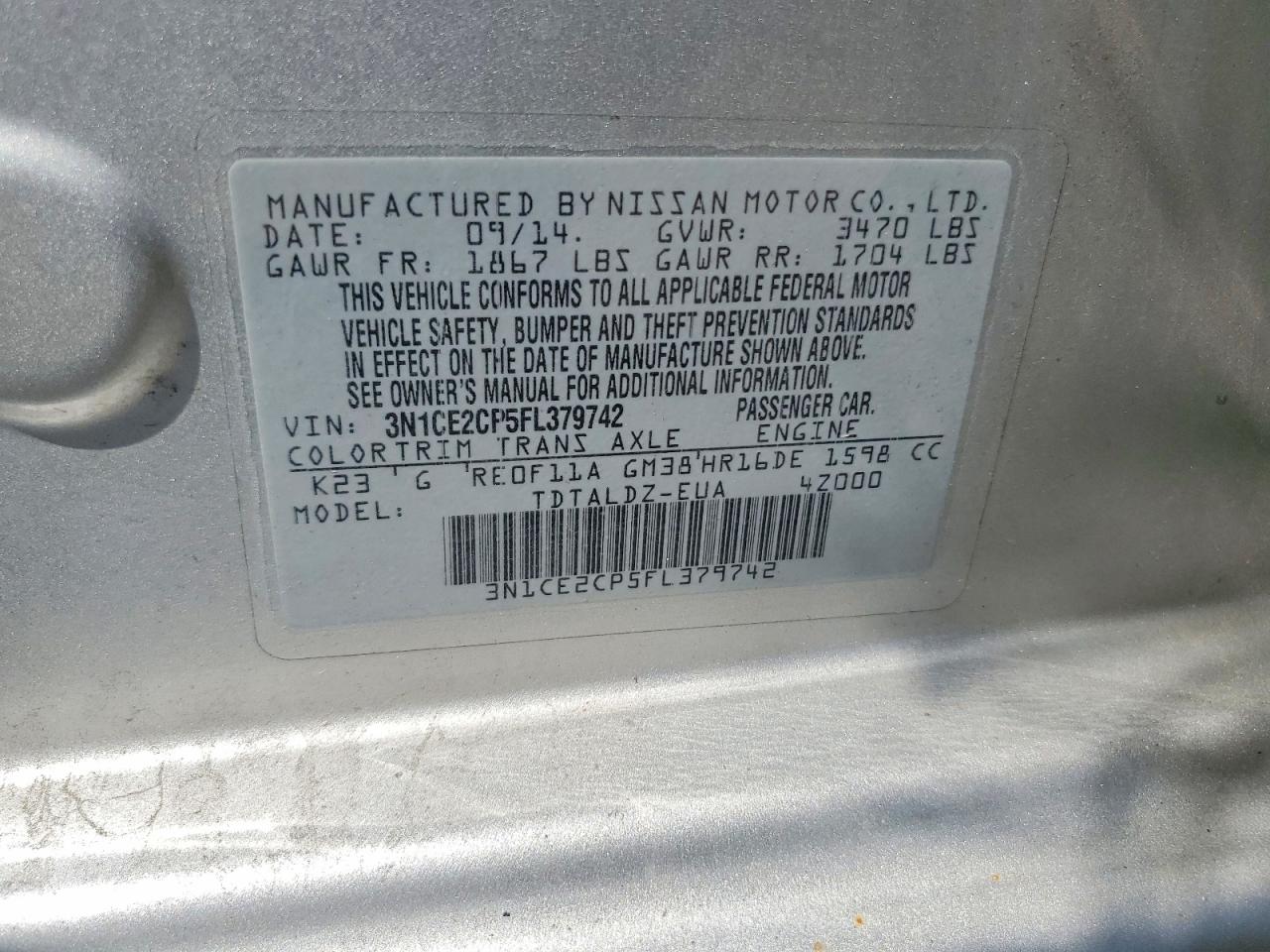 2015 Nissan Versa Note Sv Silver vin: 3N1CE2CP5FL379742