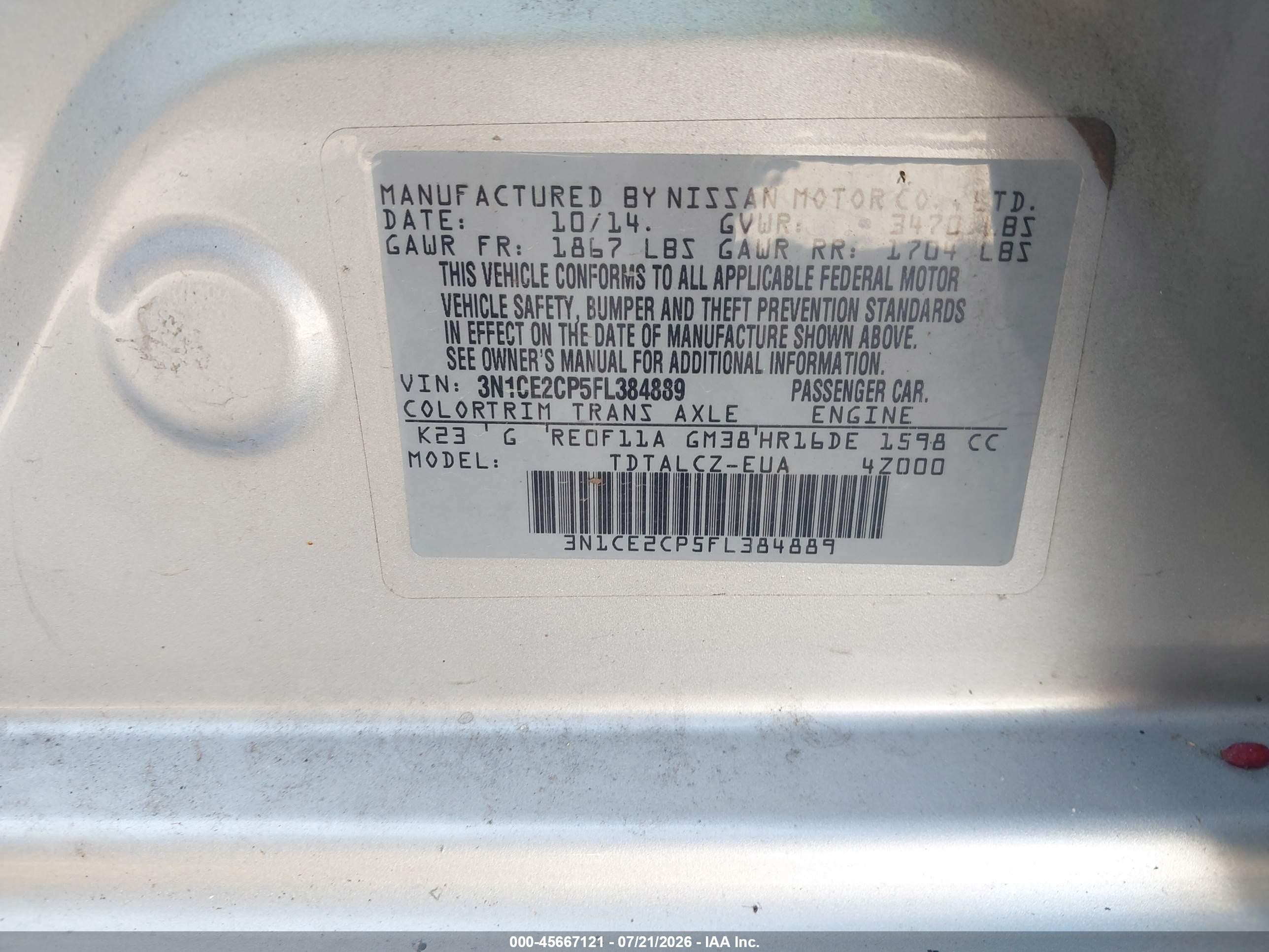 2015 Nissan Versa Note S (sr)/s Plus/sl/sr/sv Silver vin: 3N1CE2CP5FL384889