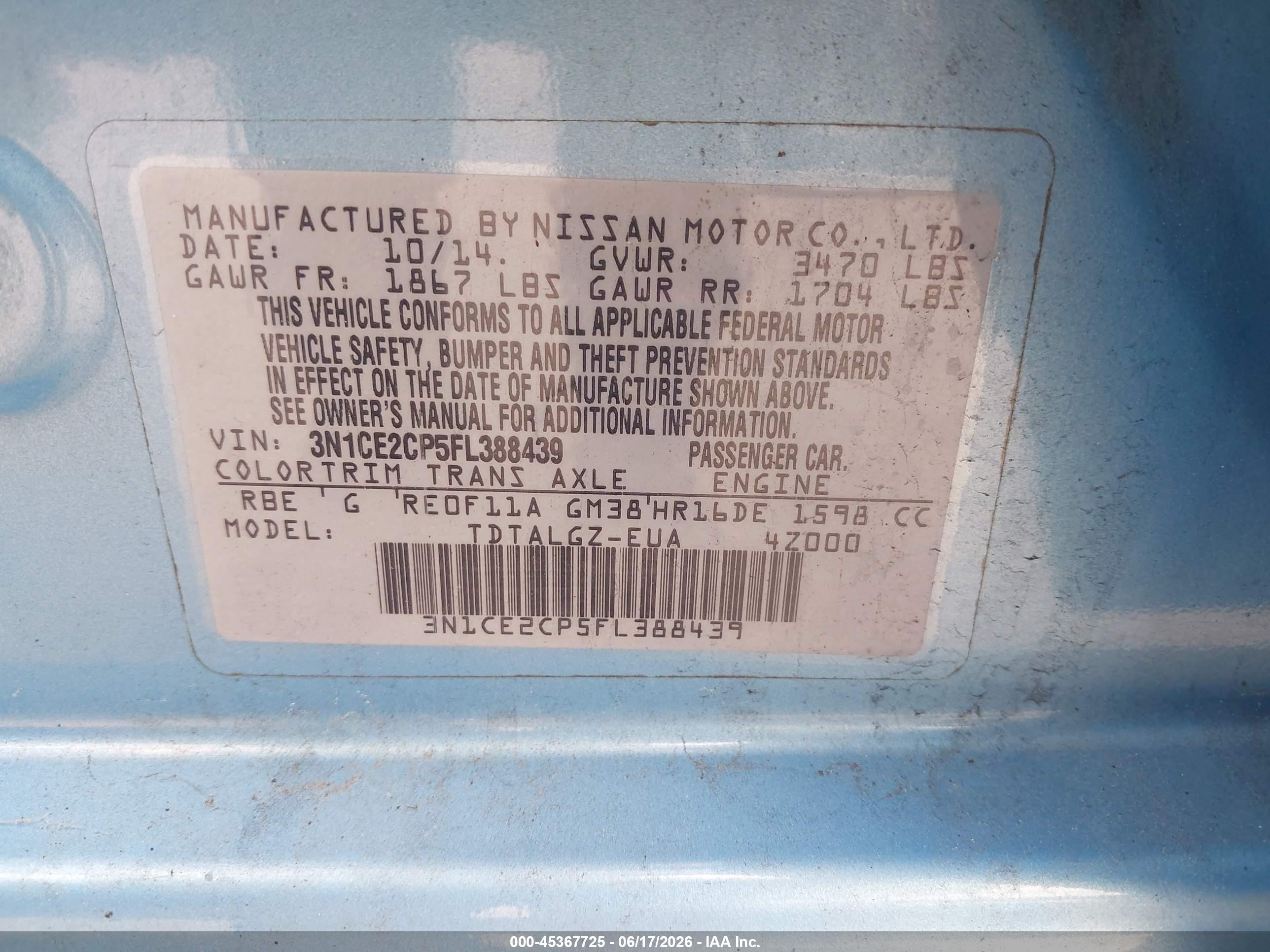 2015 Nissan Versa Note Sr Light Blue vin: 3N1CE2CP5FL388439