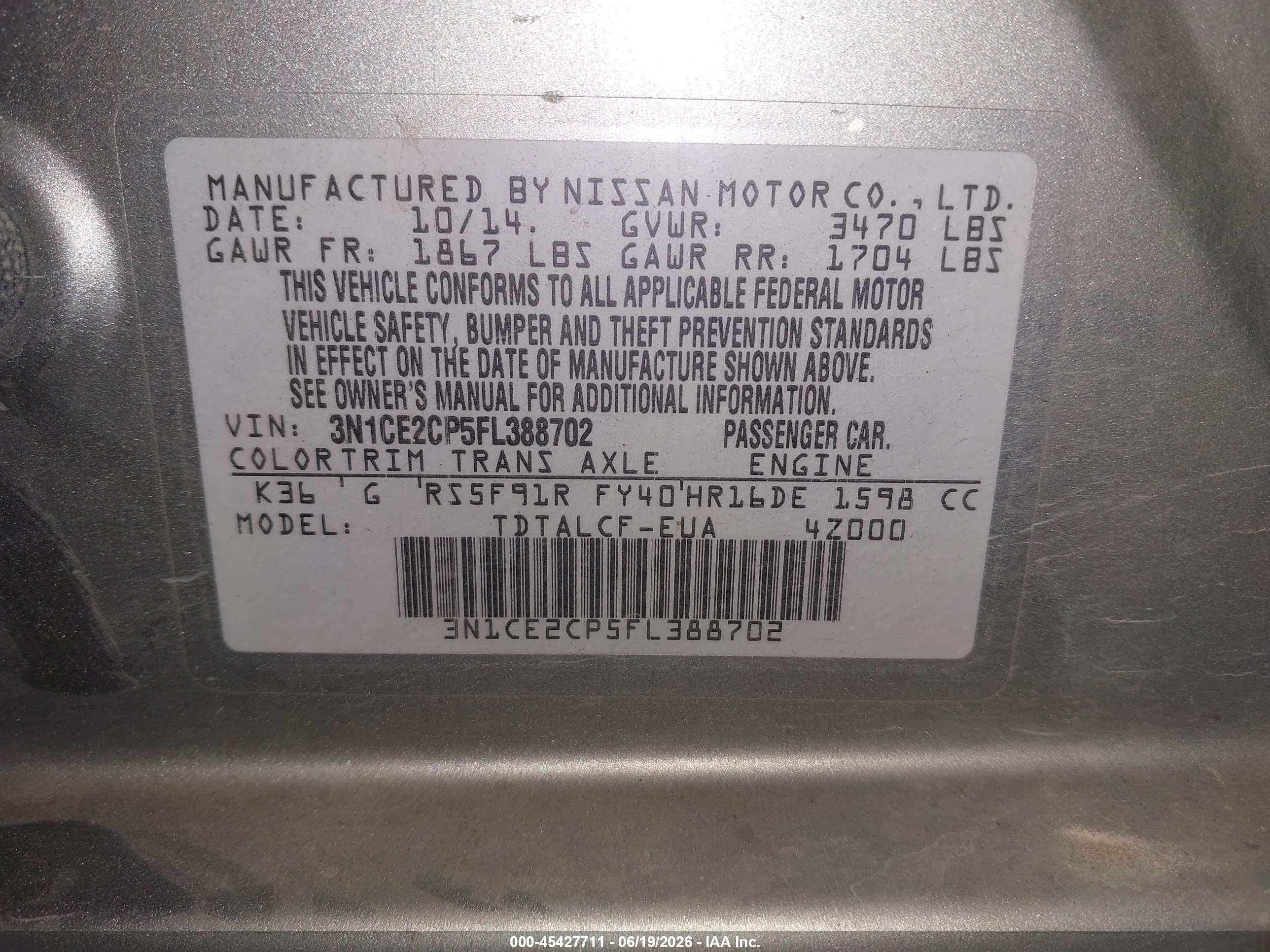 2015 Nissan Versa Note S (sr) Gray vin: 3N1CE2CP5FL388702