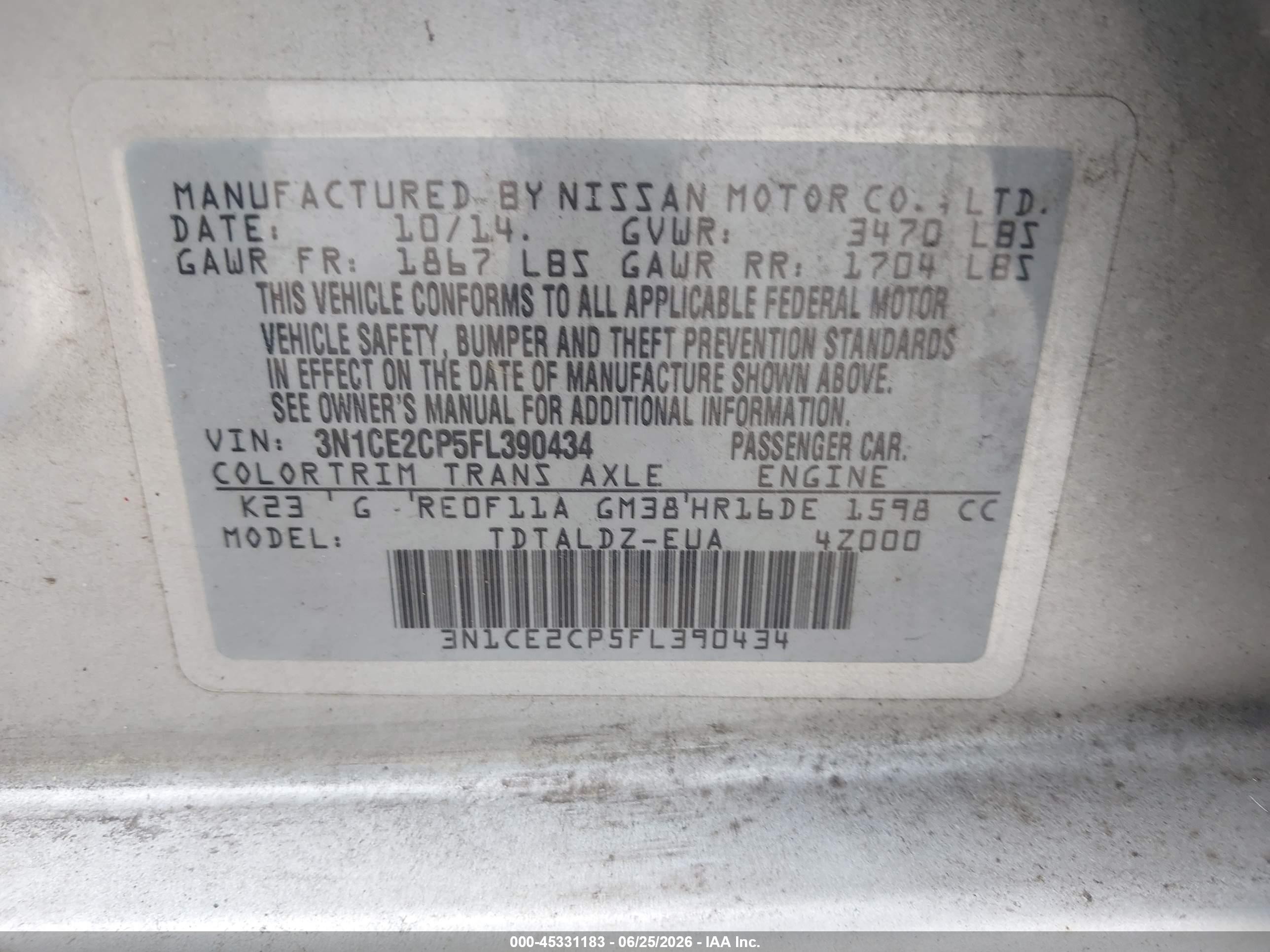 2015 Nissan Versa Note Sv Silver vin: 3N1CE2CP5FL390434