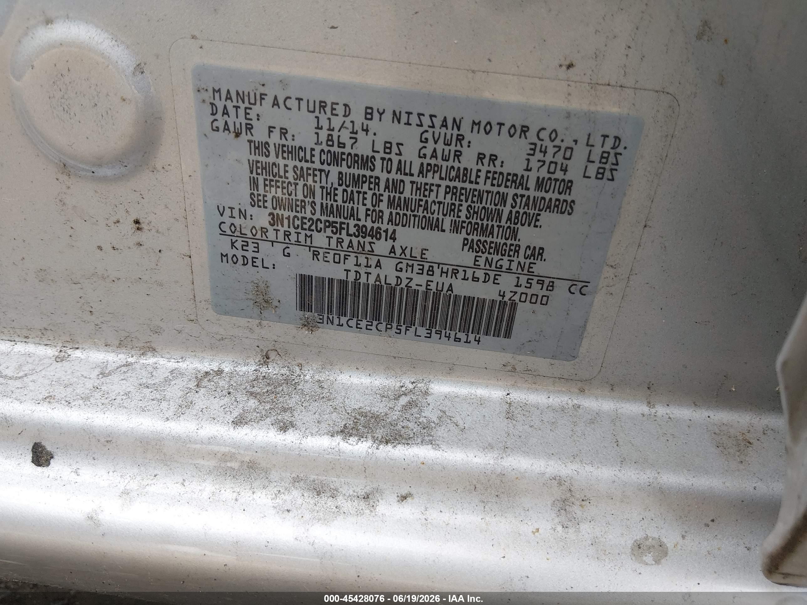 2015 Nissan Versa Note S (sr)/s Plus/sl/sr/sv Silver vin: 3N1CE2CP5FL394614