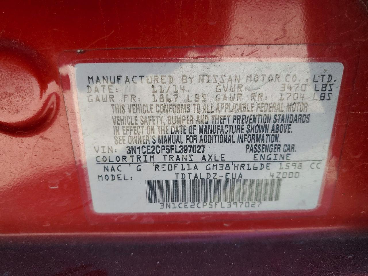 2015 Nissan Versa Note Sv Red vin: 3N1CE2CP5FL397027
