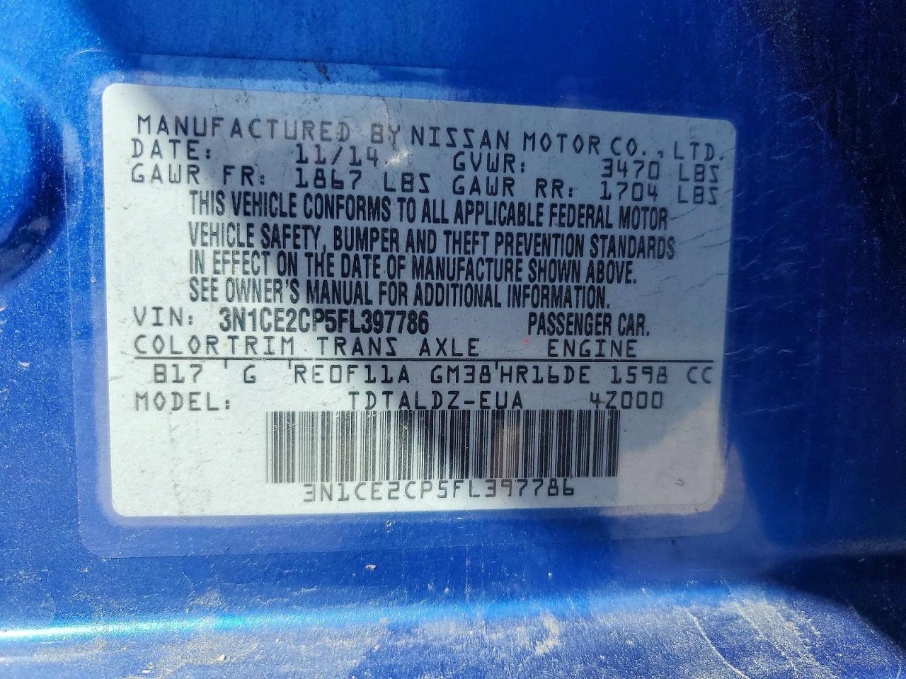 2015 Nissan Versa Note Sv Blue vin: 3N1CE2CP5FL397786