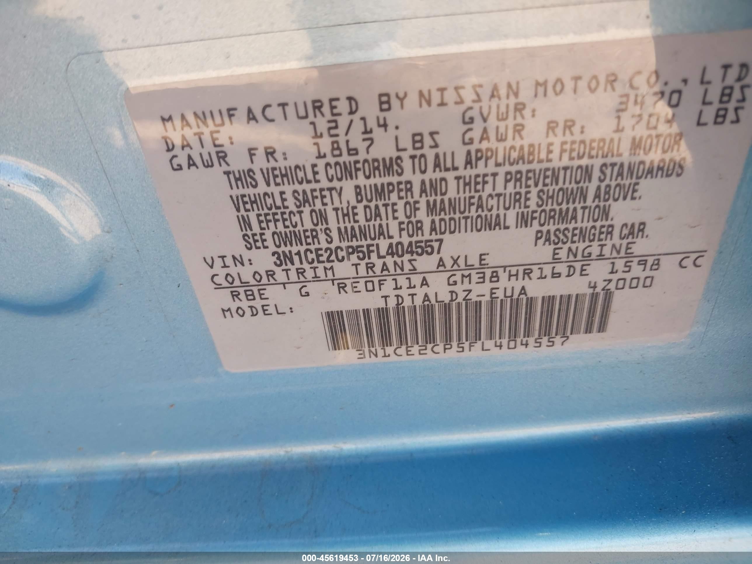 2015 Nissan Versa Note S (sr)/s Plus/sl/sr/sv Blue vin: 3N1CE2CP5FL404557