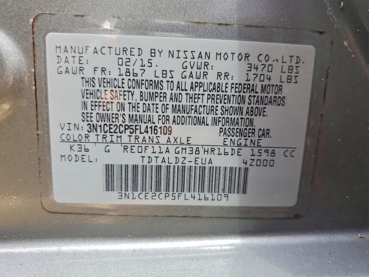 2015 Nissan Versa Note S Gray vin: 3N1CE2CP5FL416109