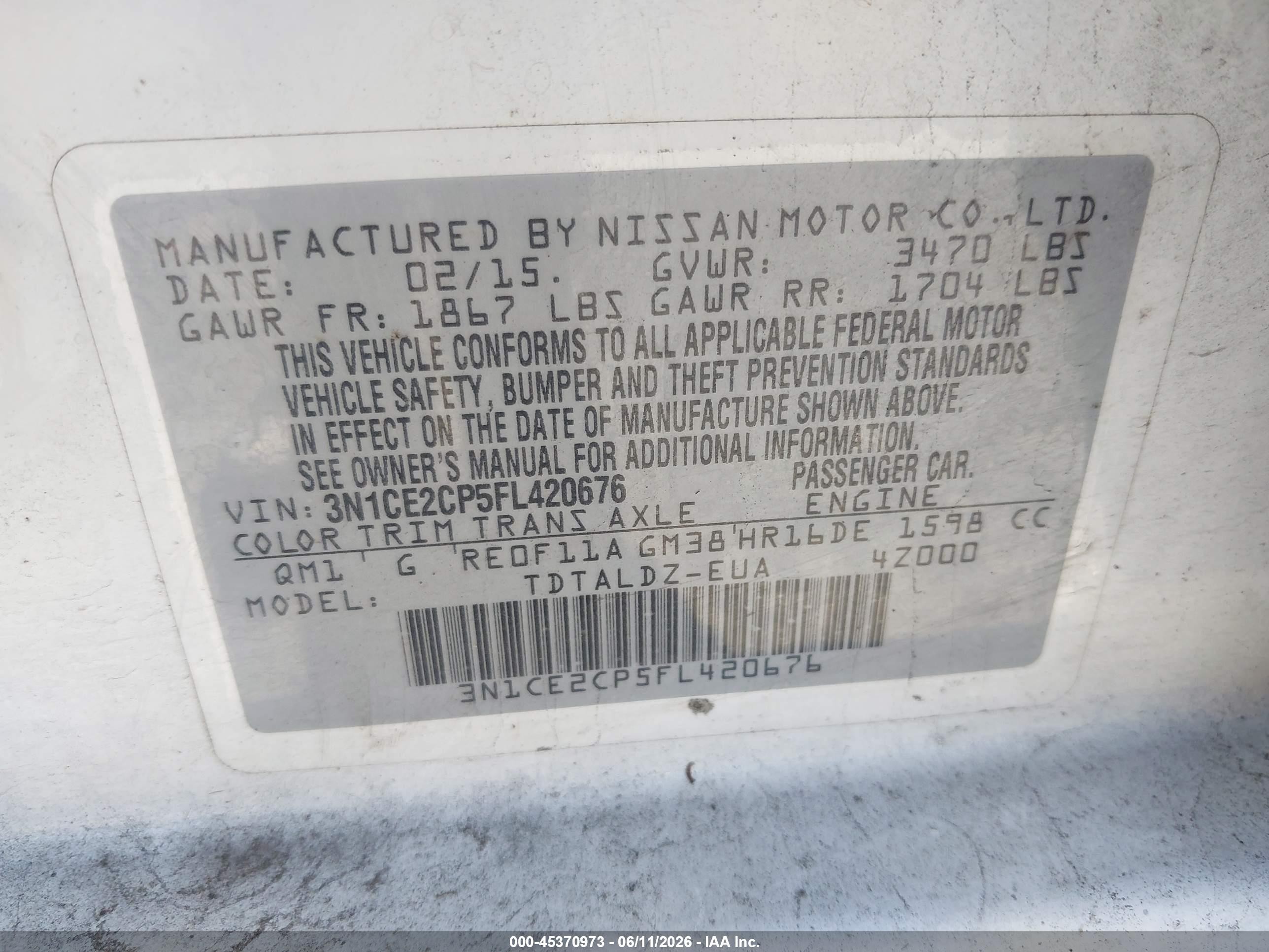 2015 Nissan Versa Note S (sr)/s Plus/sl/sr/sv White vin: 3N1CE2CP5FL420676