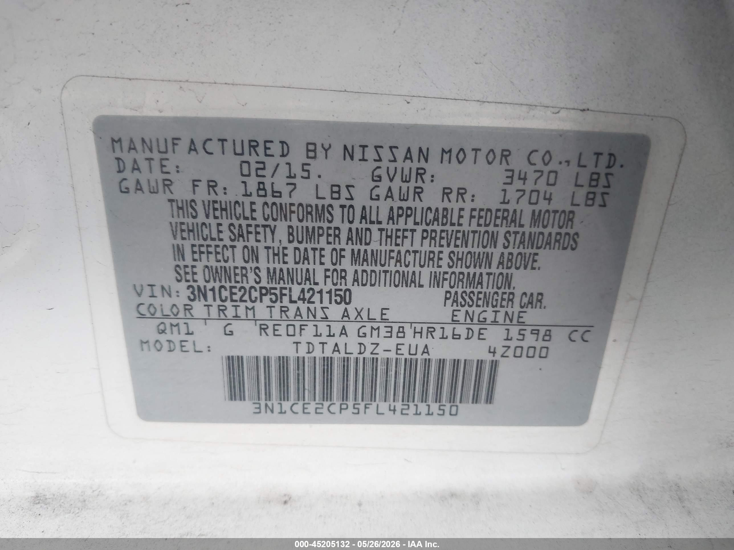 2015 Nissan Versa Note S (sr)/s Plus/sl/sr/sv White vin: 3N1CE2CP5FL421150