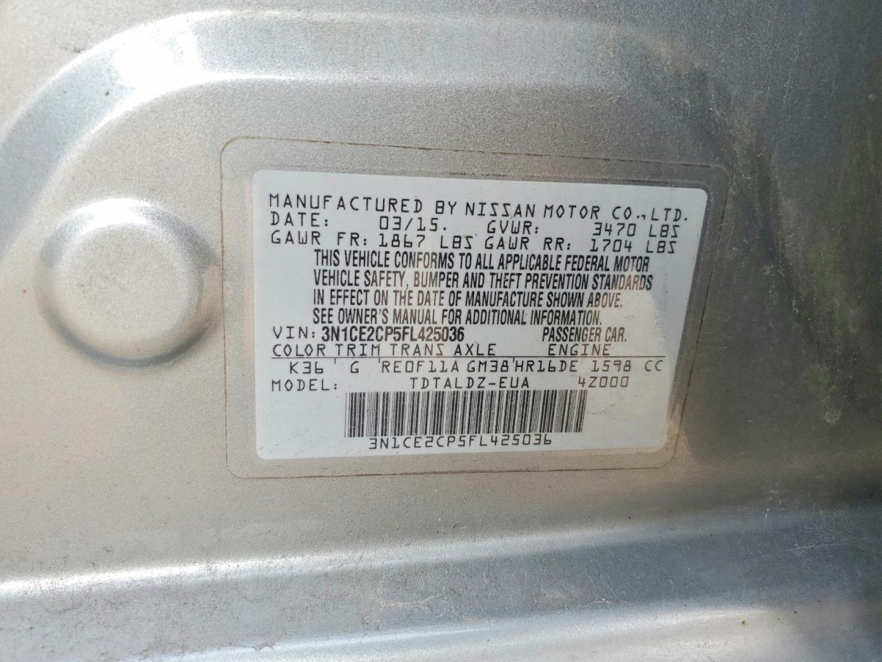 2015 Nissan Versa Note Sv Gray vin: 3N1CE2CP5FL425036