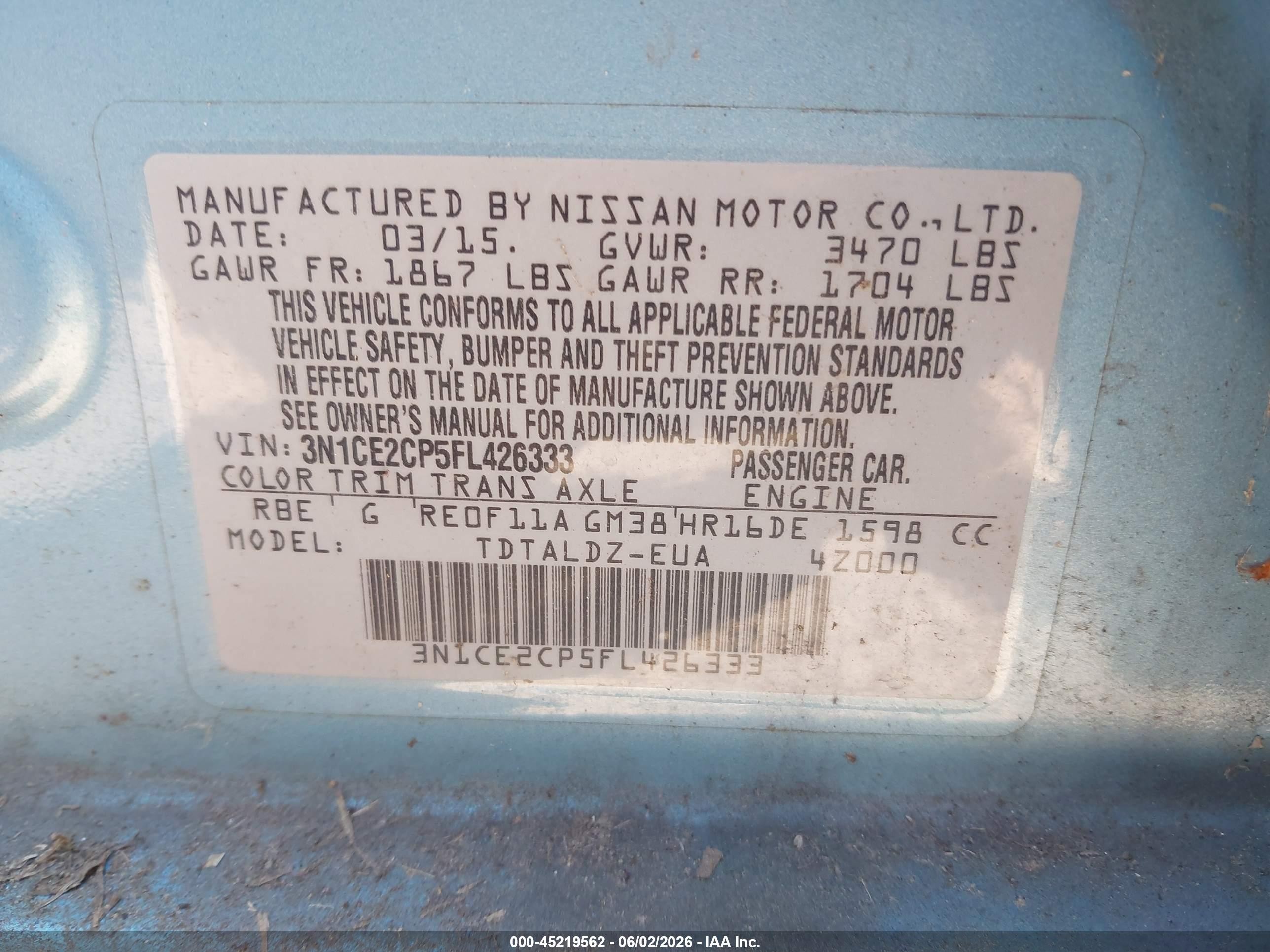 2015 Nissan Versa Note S (sr)/s Plus/sl/sr/sv Light Blue vin: 3N1CE2CP5FL426333