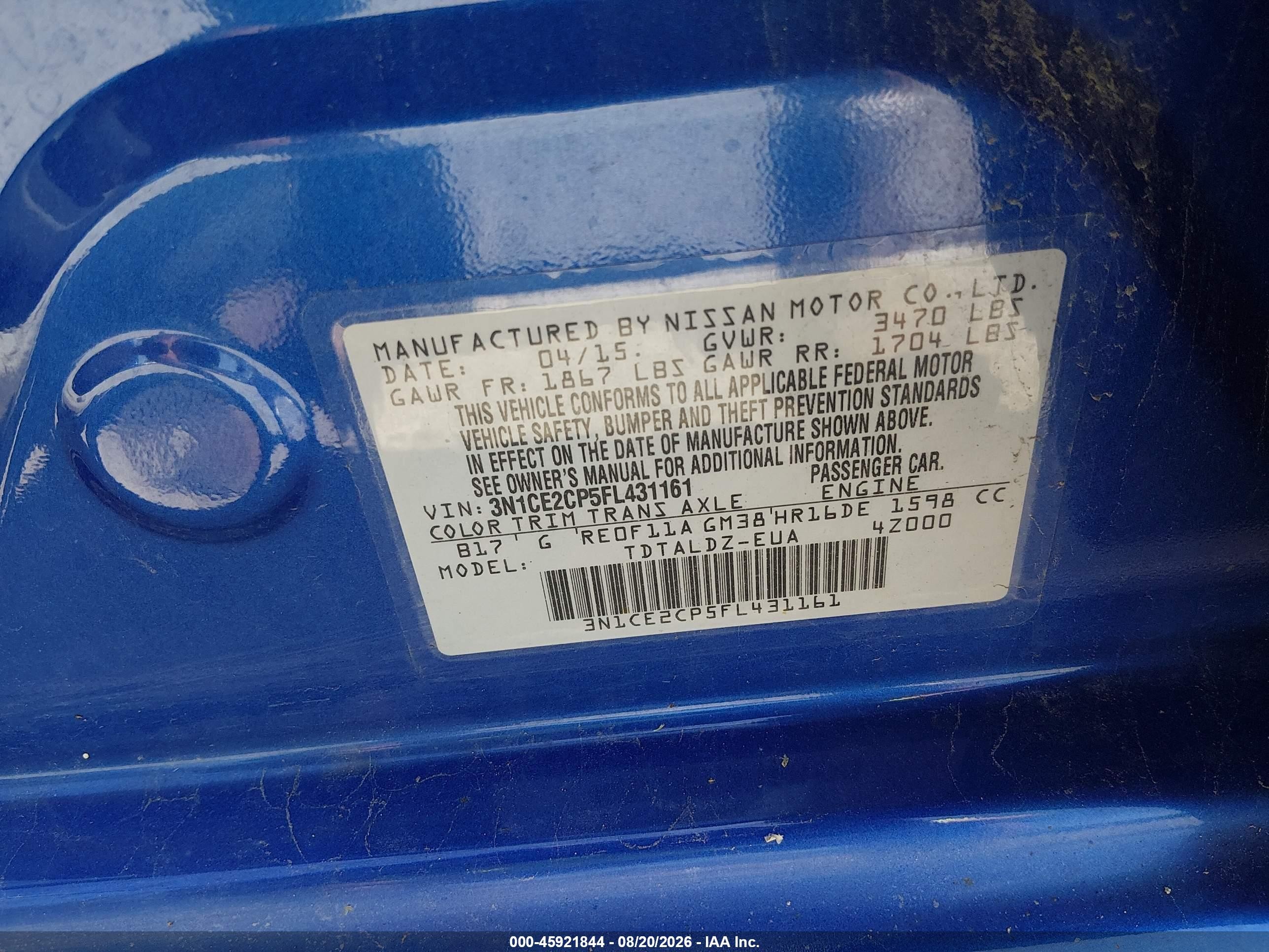 2015 Nissan Versa Note Sv Blue vin: 3N1CE2CP5FL431161