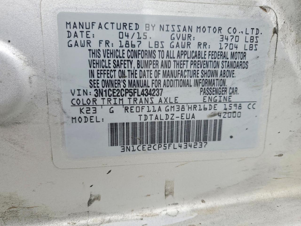 2015 Nissan Versa Note Sv Silver vin: 3N1CE2CP5FL434237