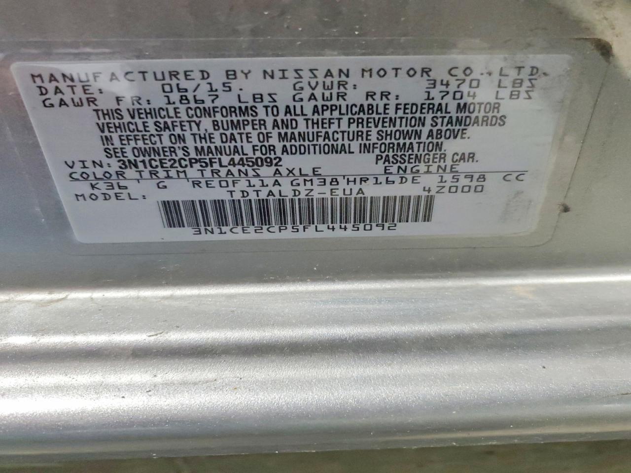 2015 Nissan Versa Note Sv Gray vin: 3N1CE2CP5FL445092
