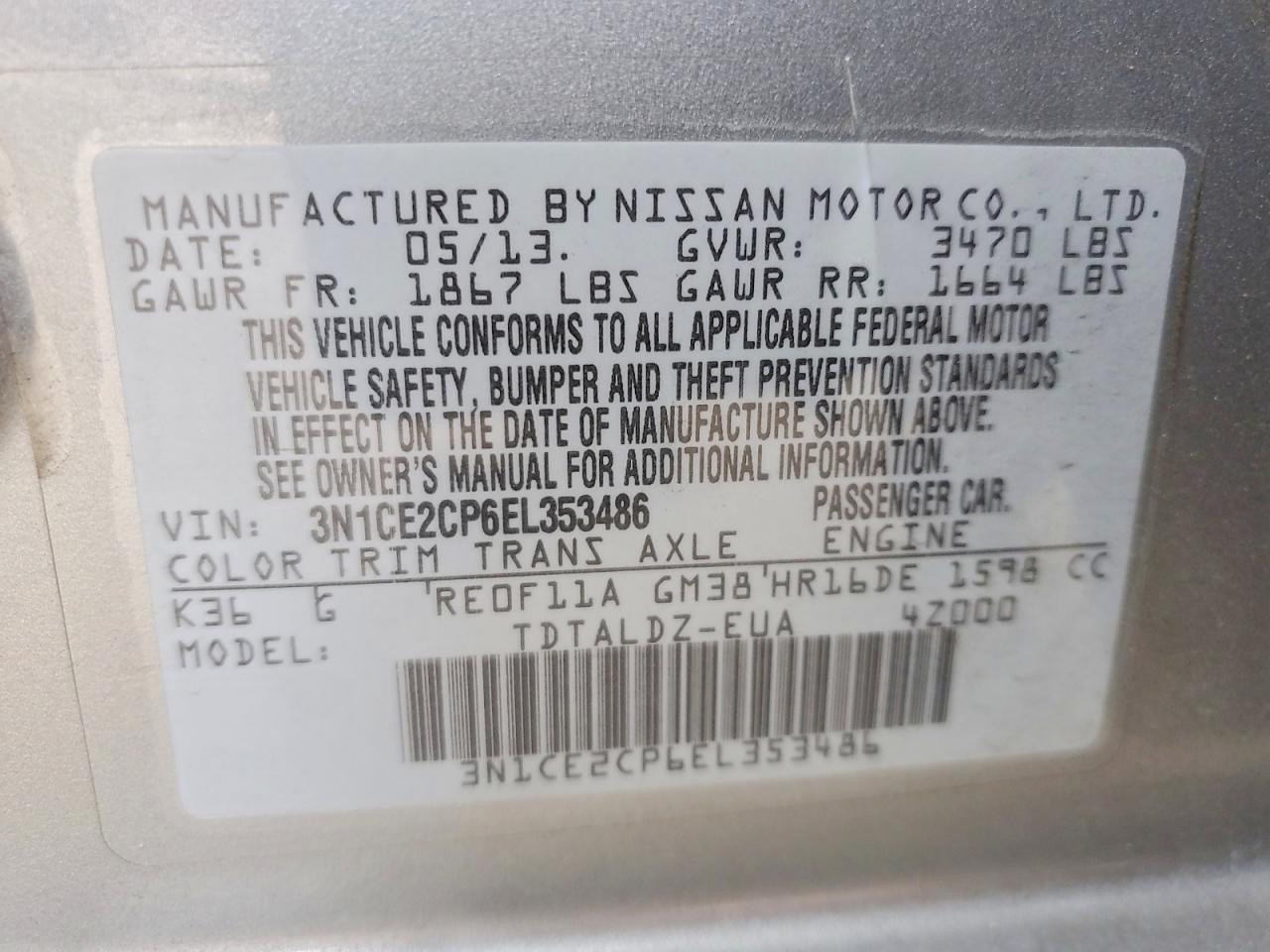 2014 Nissan Versa Note Sv Gray vin: 3N1CE2CP6EL353486