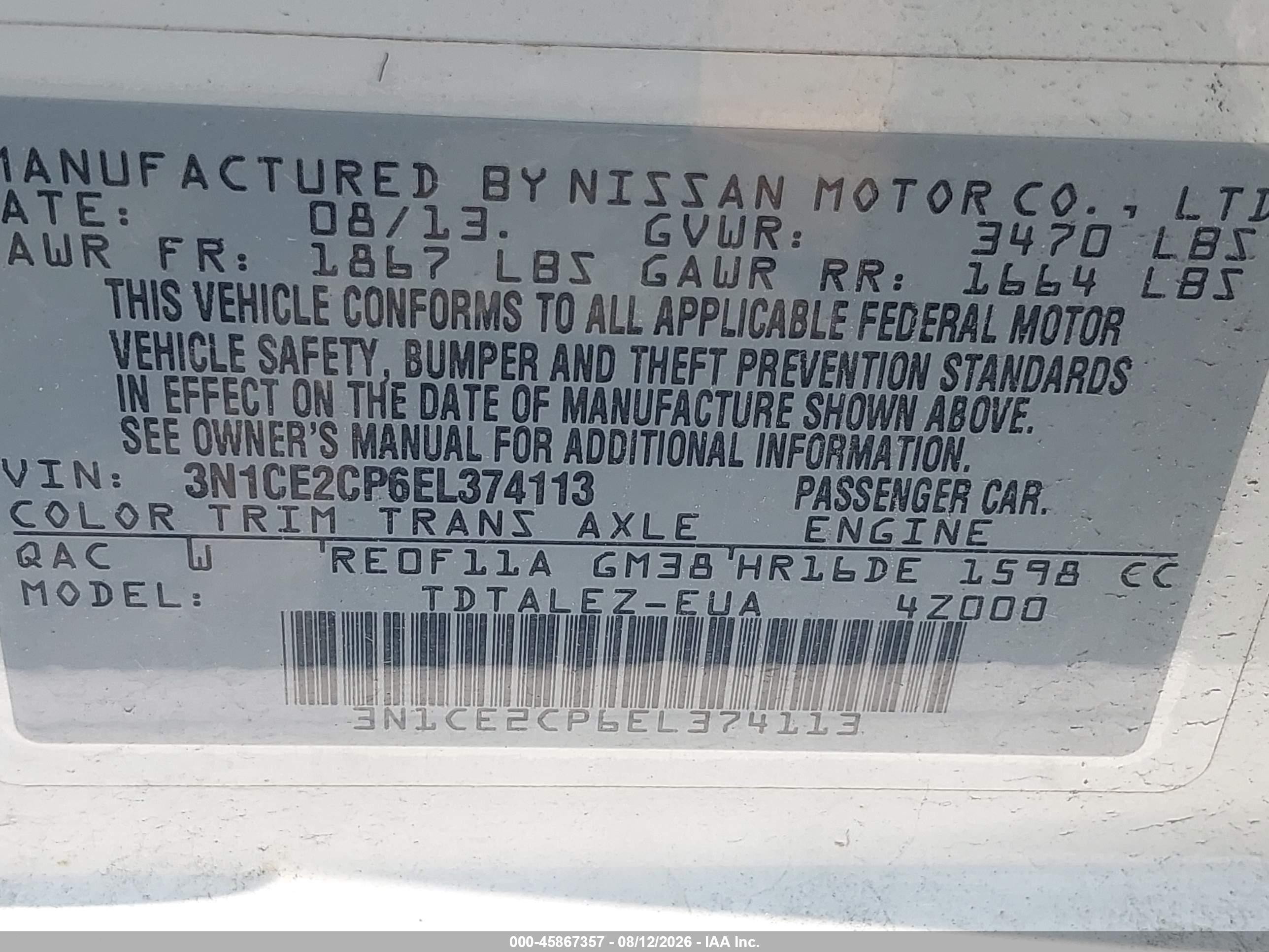 2014 Nissan Versa Note Sv White vin: 3N1CE2CP6EL374113