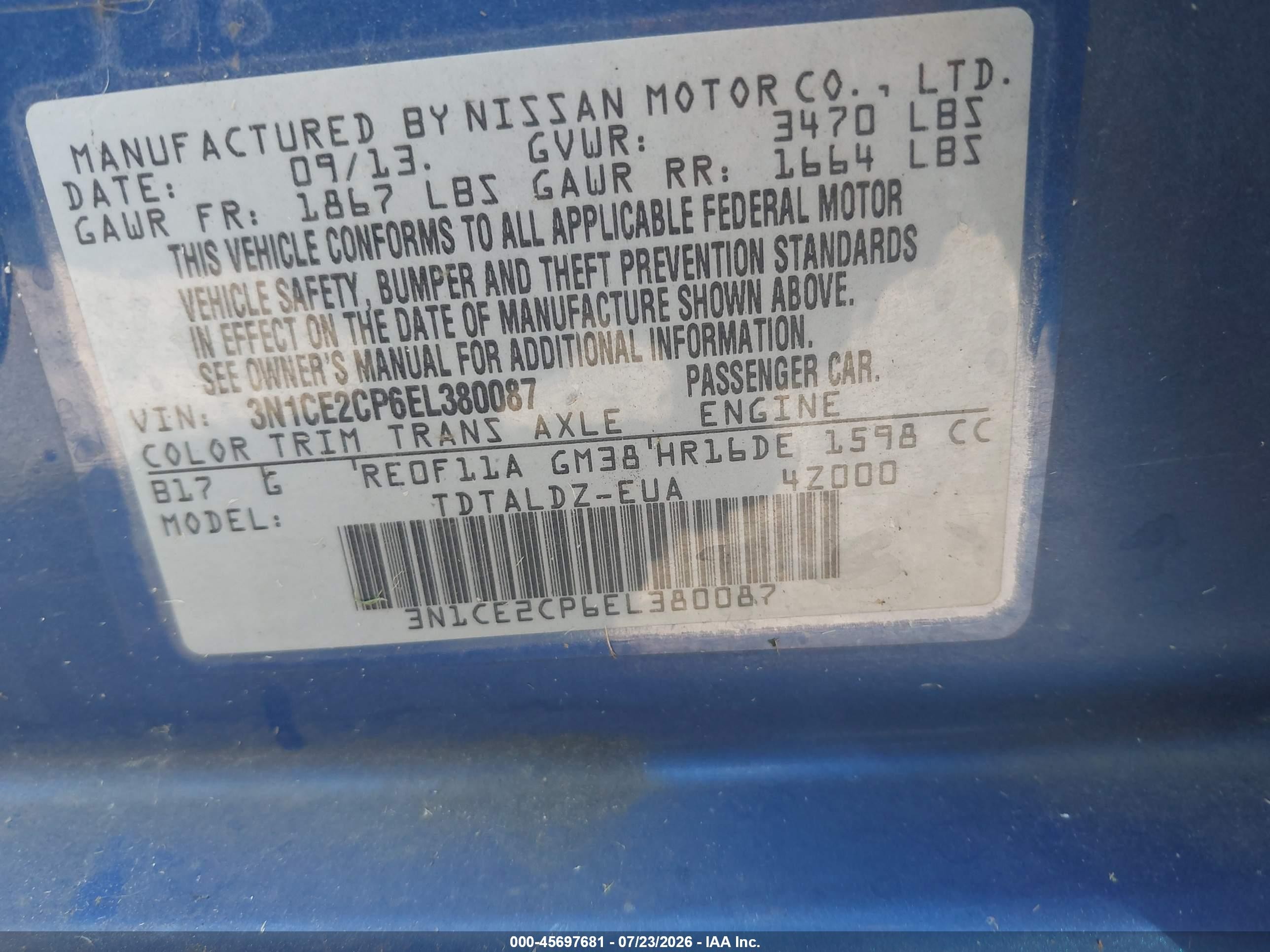 2014 Nissan Versa Note Sv Blue vin: 3N1CE2CP6EL380087