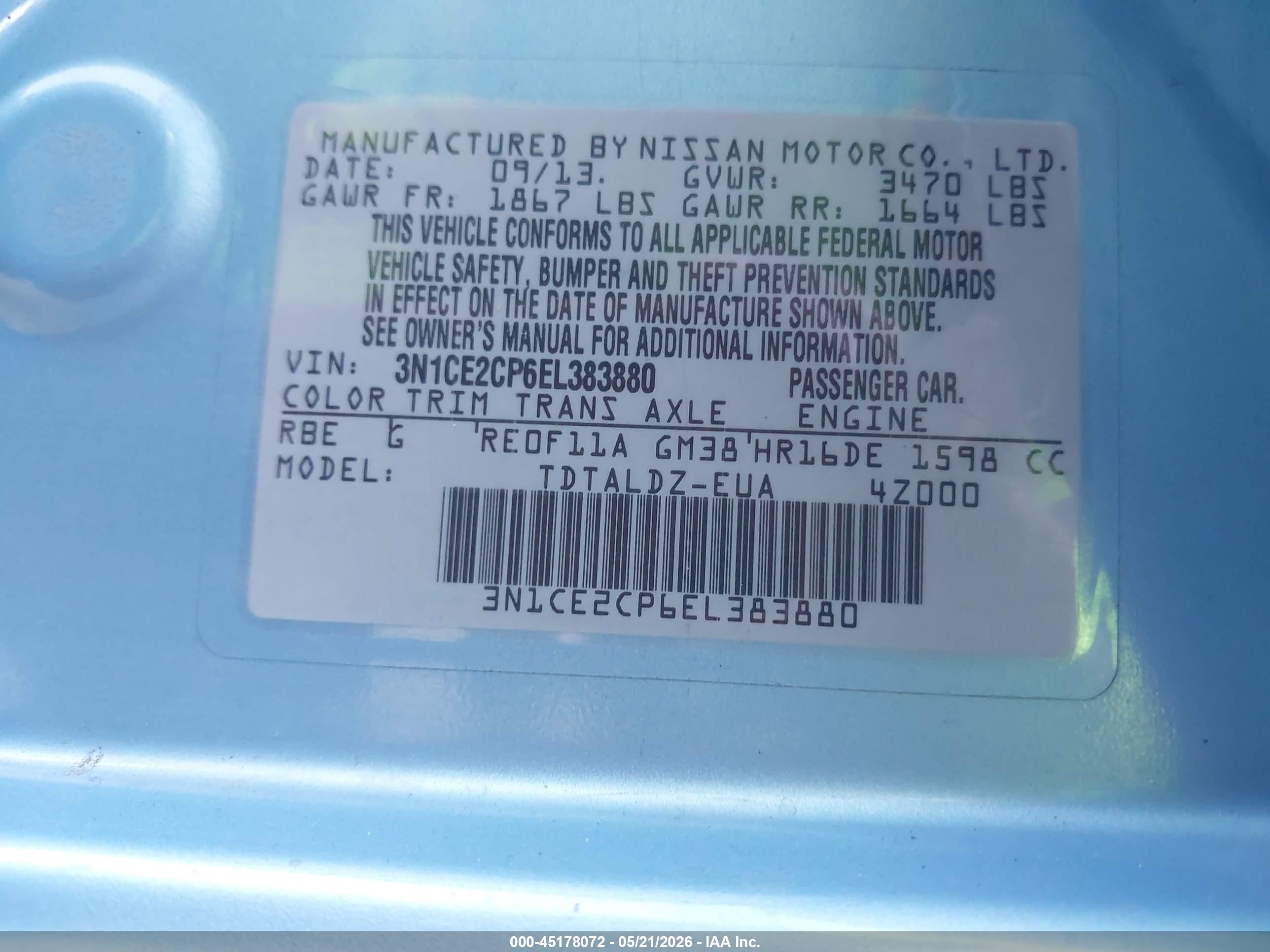2014 Nissan Versa Note Sv Blue vin: 3N1CE2CP6EL383880
