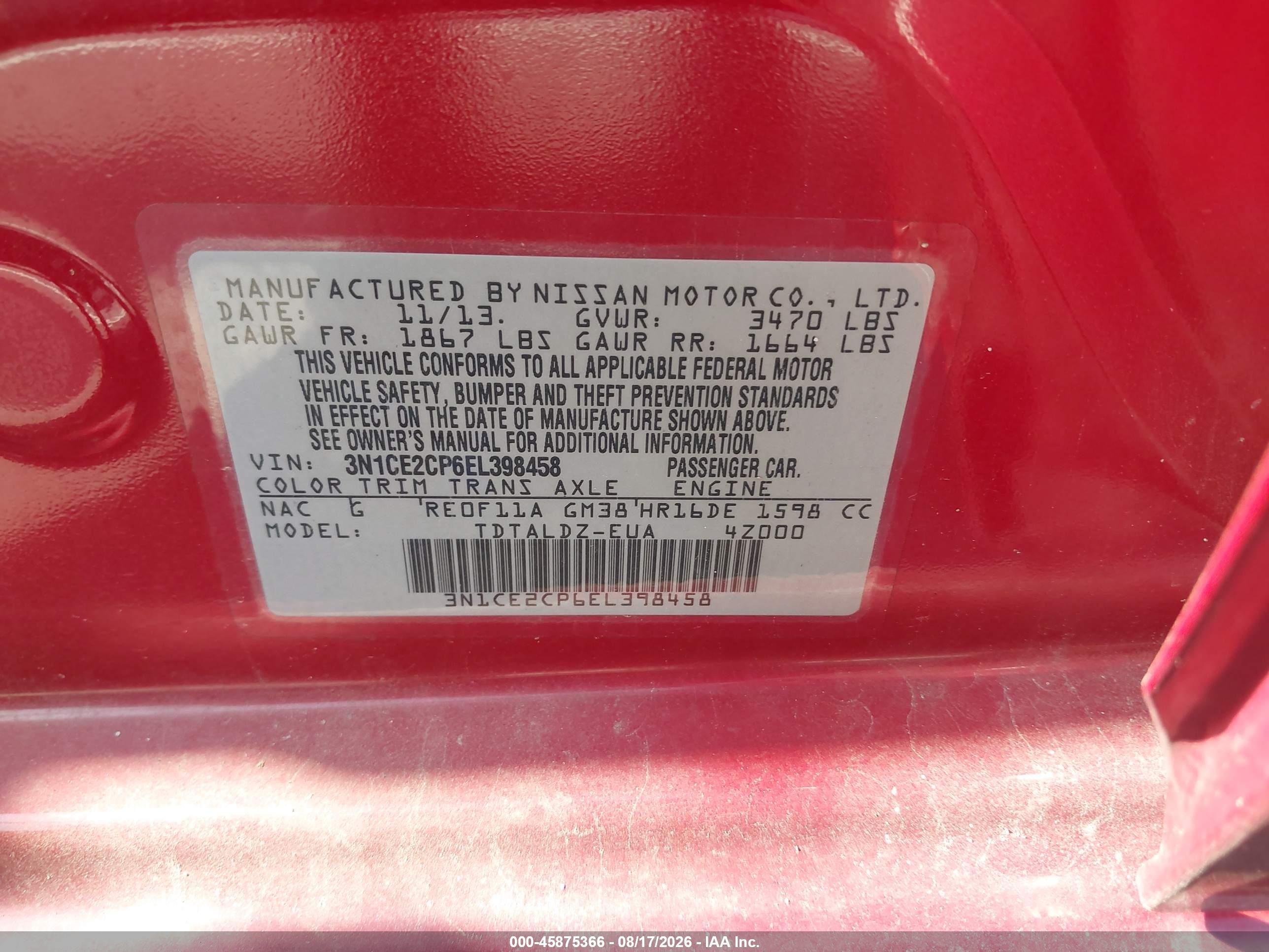 2014 Nissan Versa Note Sv Red vin: 3N1CE2CP6EL398458