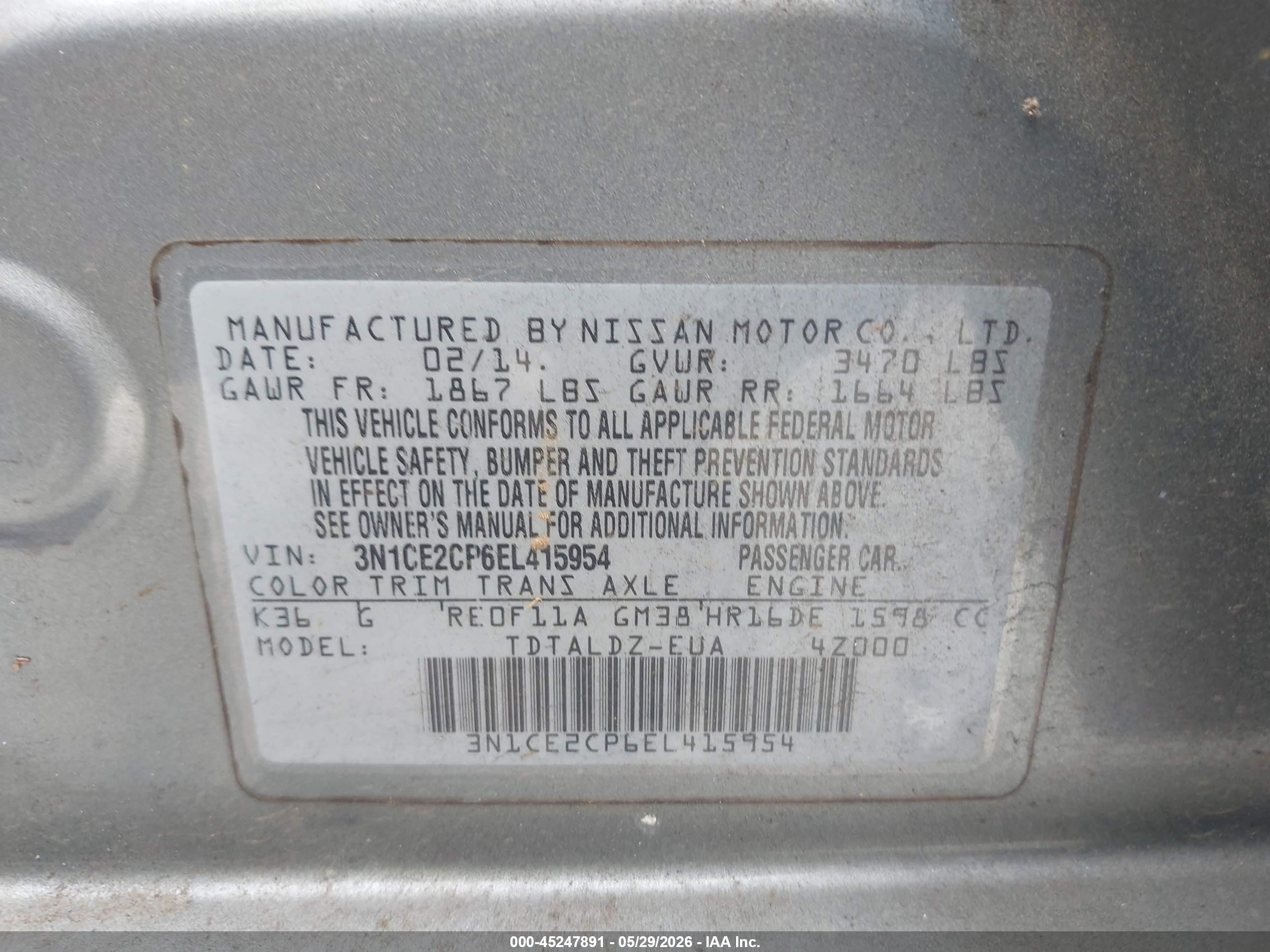 2014 Nissan Versa Note Sv Gray vin: 3N1CE2CP6EL415954