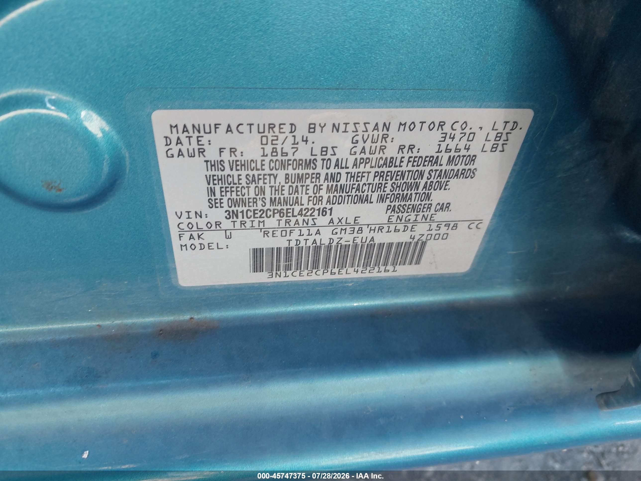 2014 Nissan Versa Note Sv Blue vin: 3N1CE2CP6EL422161