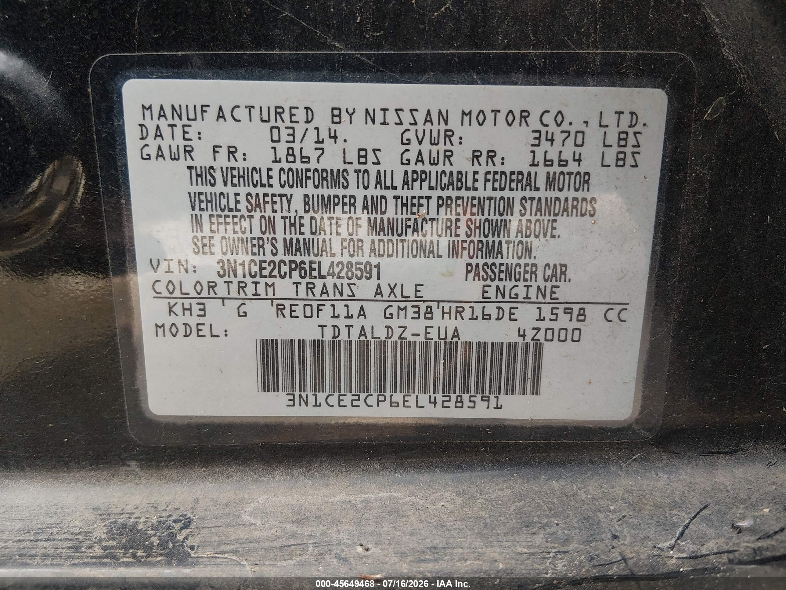 2014 Nissan Versa Note Sv Black vin: 3N1CE2CP6EL428591