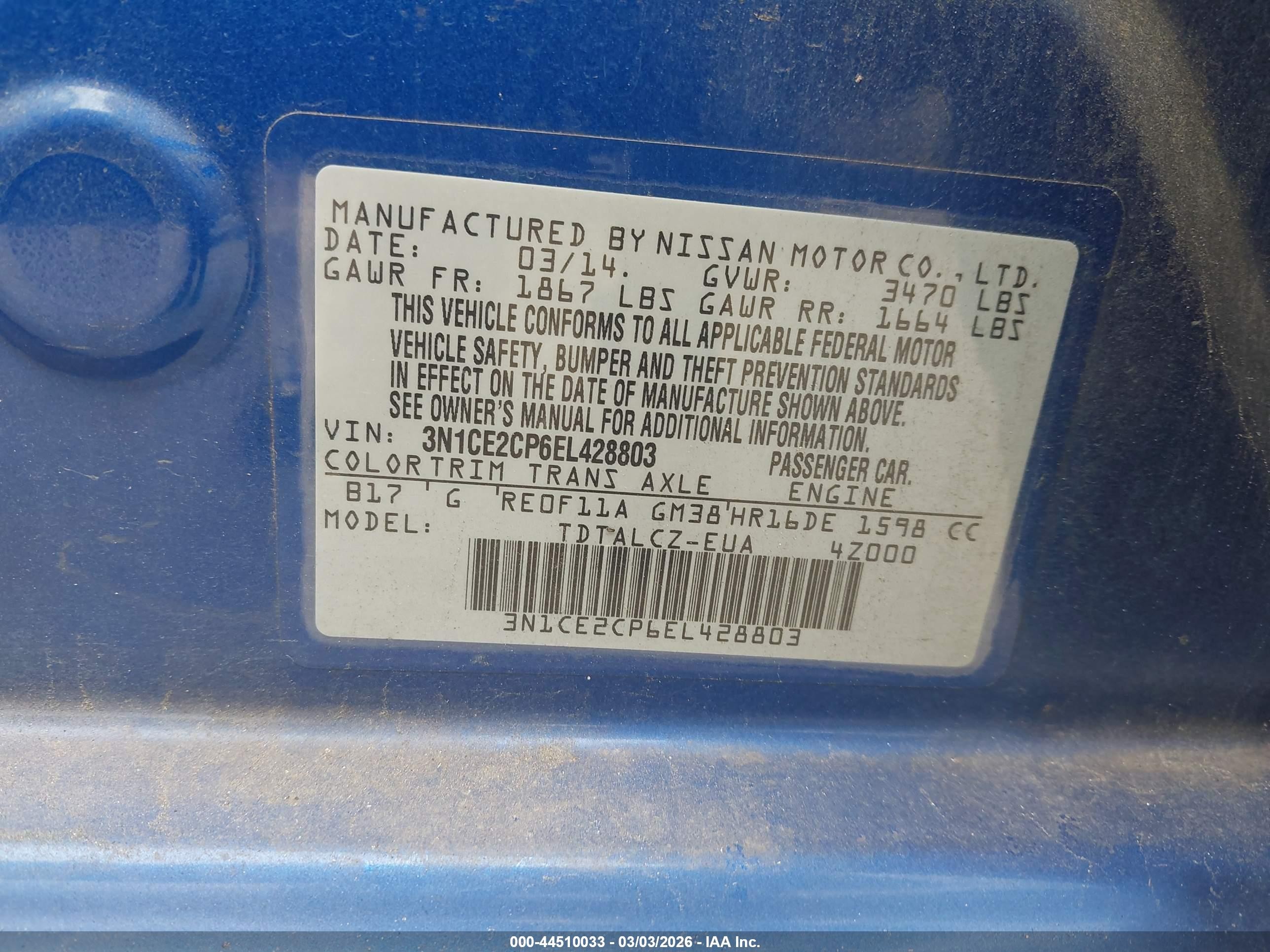 2014 Nissan Versa Note S Plus Blue vin: 3N1CE2CP6EL428803