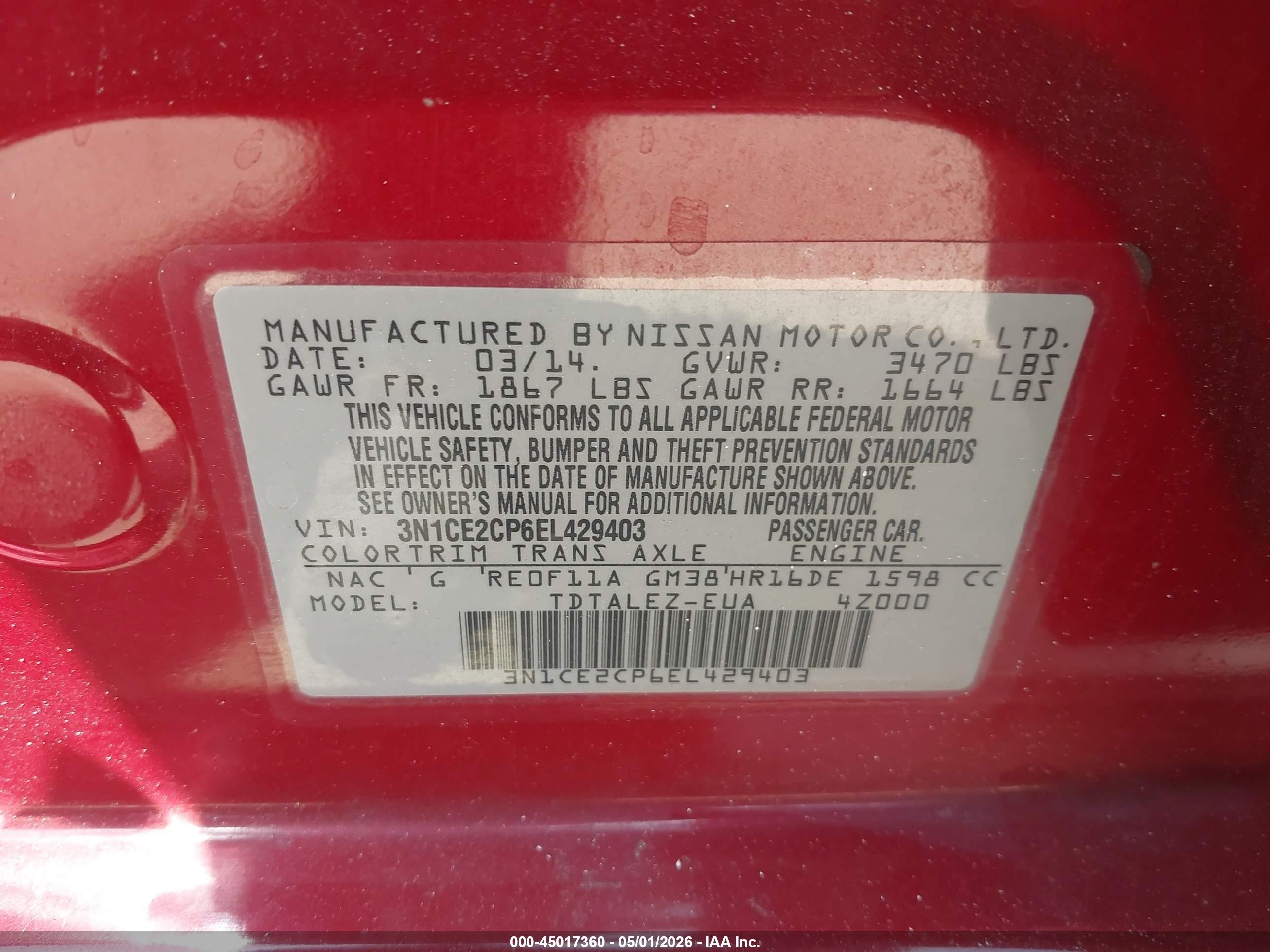 2014 Nissan Versa Note Sv Red vin: 3N1CE2CP6EL429403
