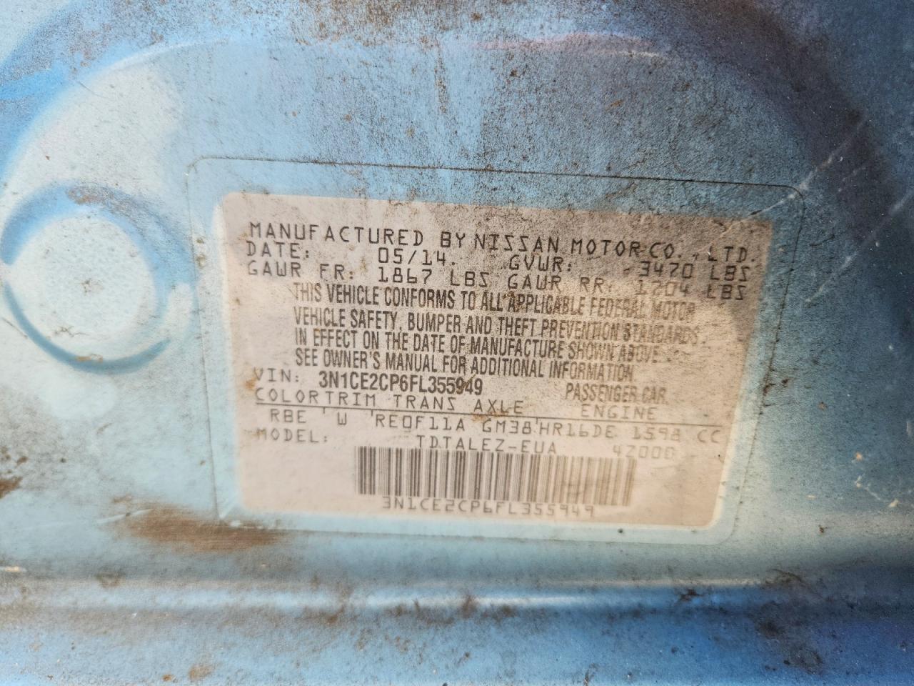 2015 Nissan Versa Turquoise vin: 3N1CE2CP6FL355949
