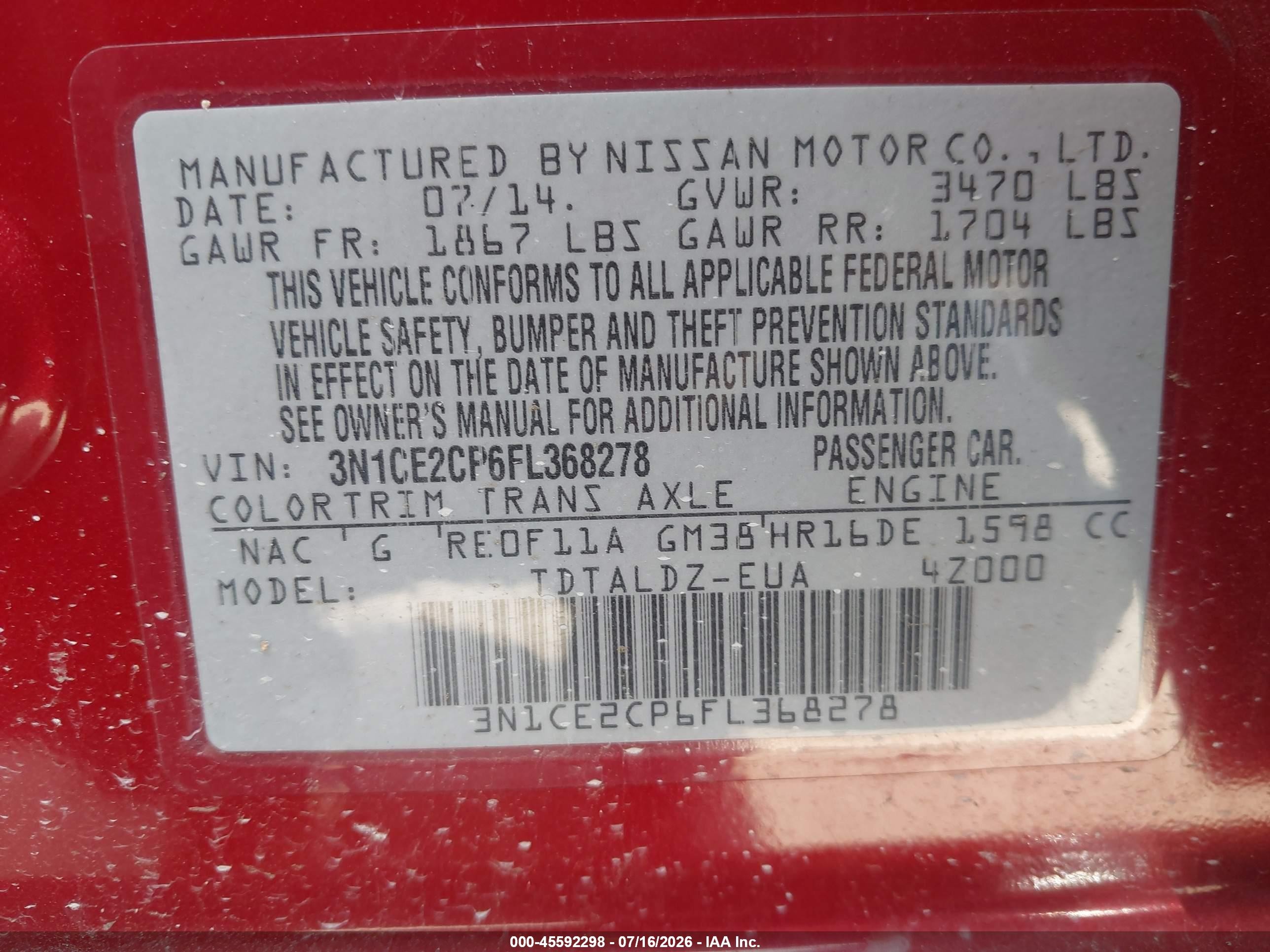 2015 Nissan Versa Note S (sr)/s Plus/sl/sr/sv Purple vin: 3N1CE2CP6FL368278
