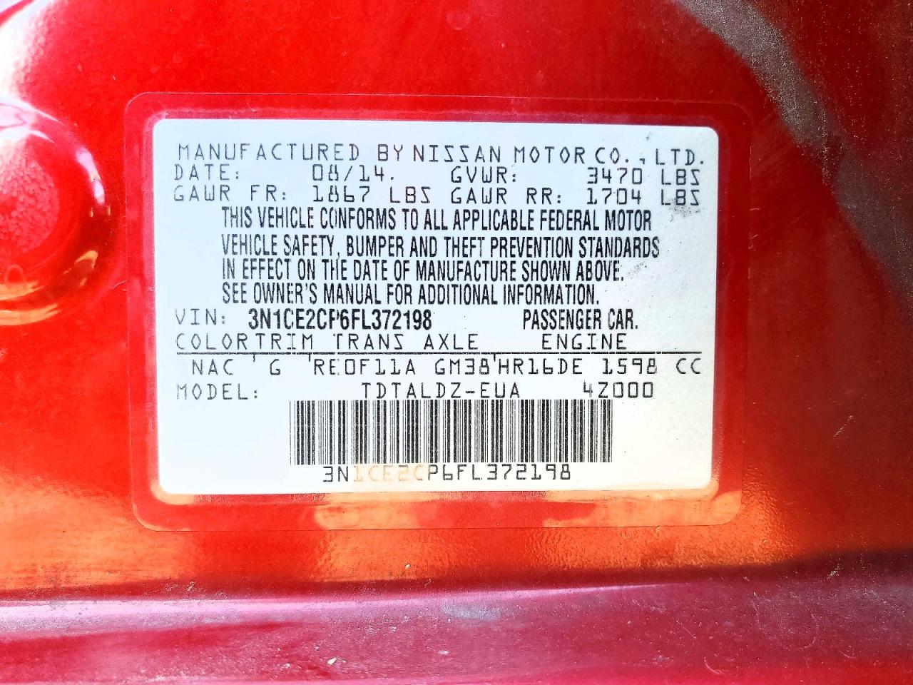 2015 Nissan Versa Note Sv Red vin: 3N1CE2CP6FL372198