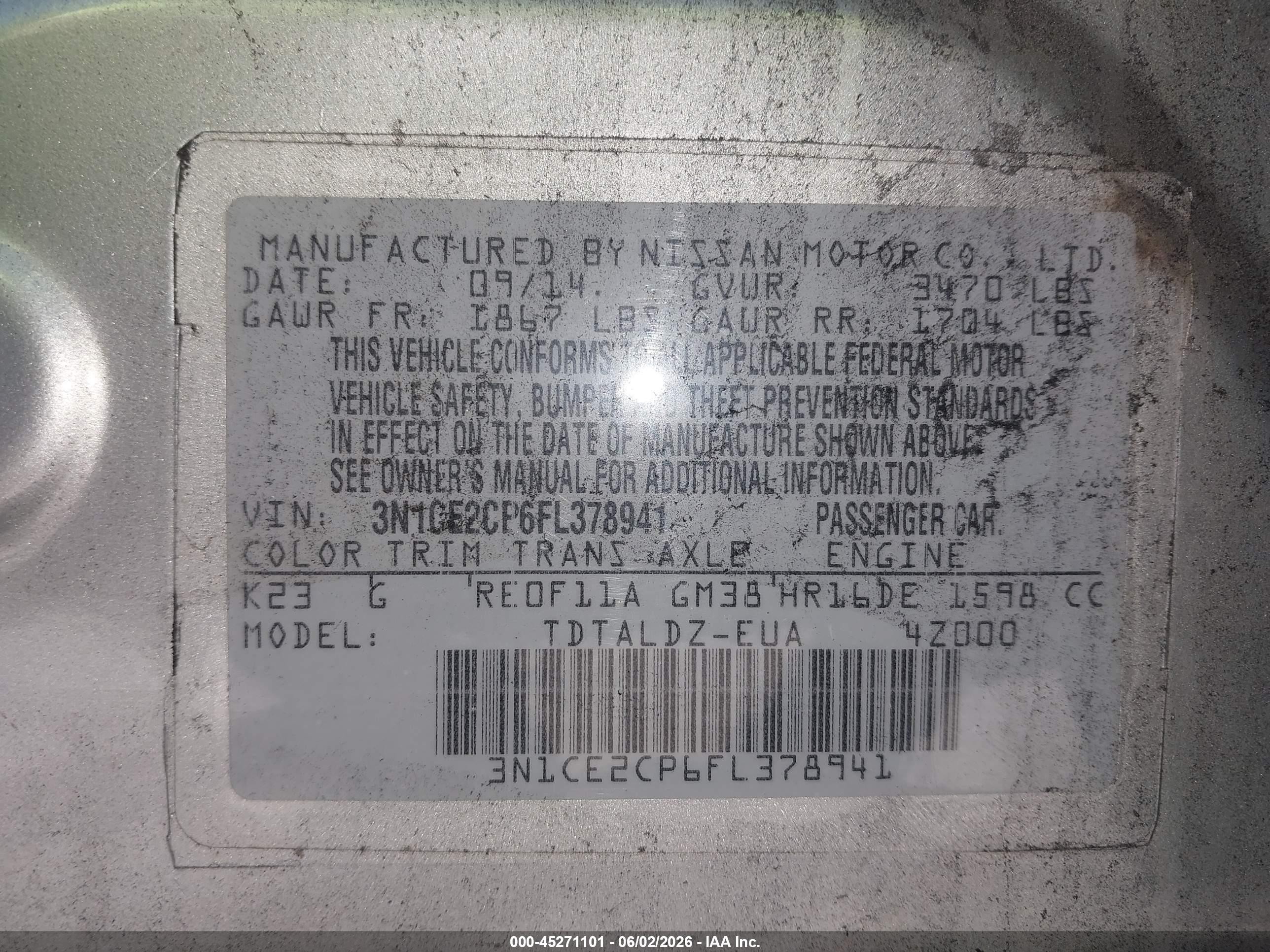 2015 Nissan Versa Note S (sr)/s Plus/sl/sr/sv Silver vin: 3N1CE2CP6FL378941