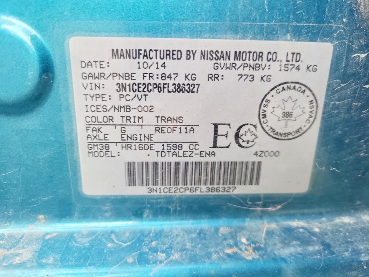 2015 Nissan Versa Note S Teal vin: 3N1CE2CP6FL386327