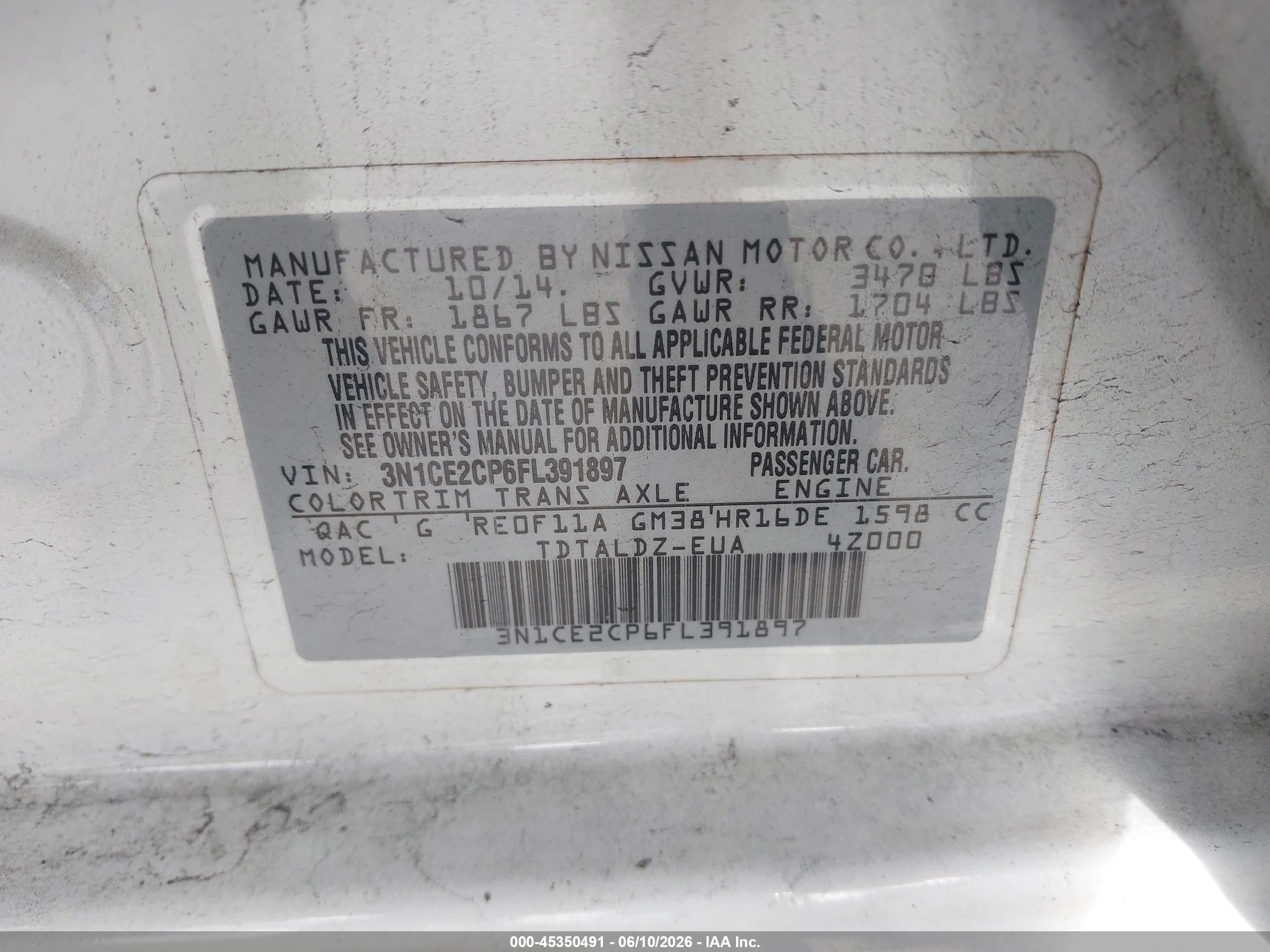 2015 Nissan Versa Note S (sr)/s Plus/sl/sr/sv White vin: 3N1CE2CP6FL391897