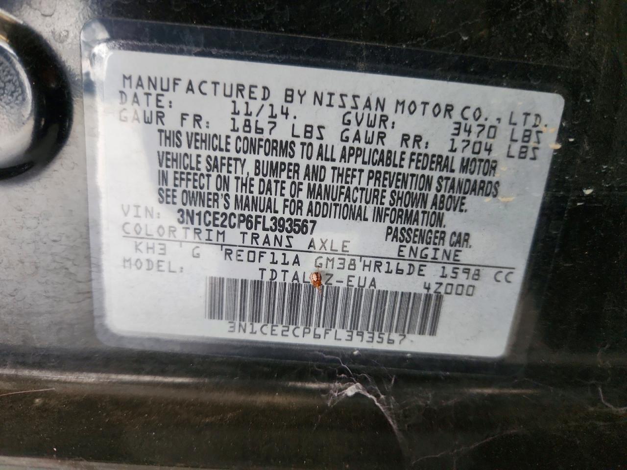 2015 Nissan Versa Note Sv Black vin: 3N1CE2CP6FL393567