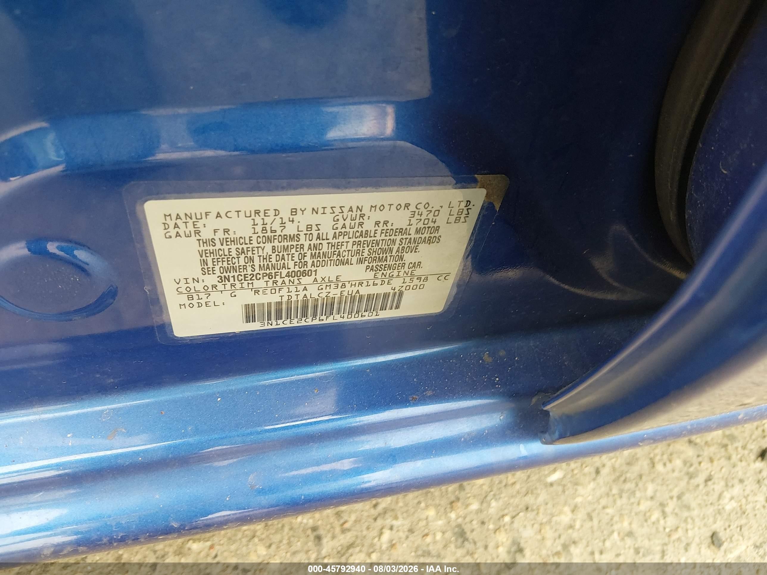2015 Nissan Versa Note S Plus Синий vin: 3N1CE2CP6FL400601