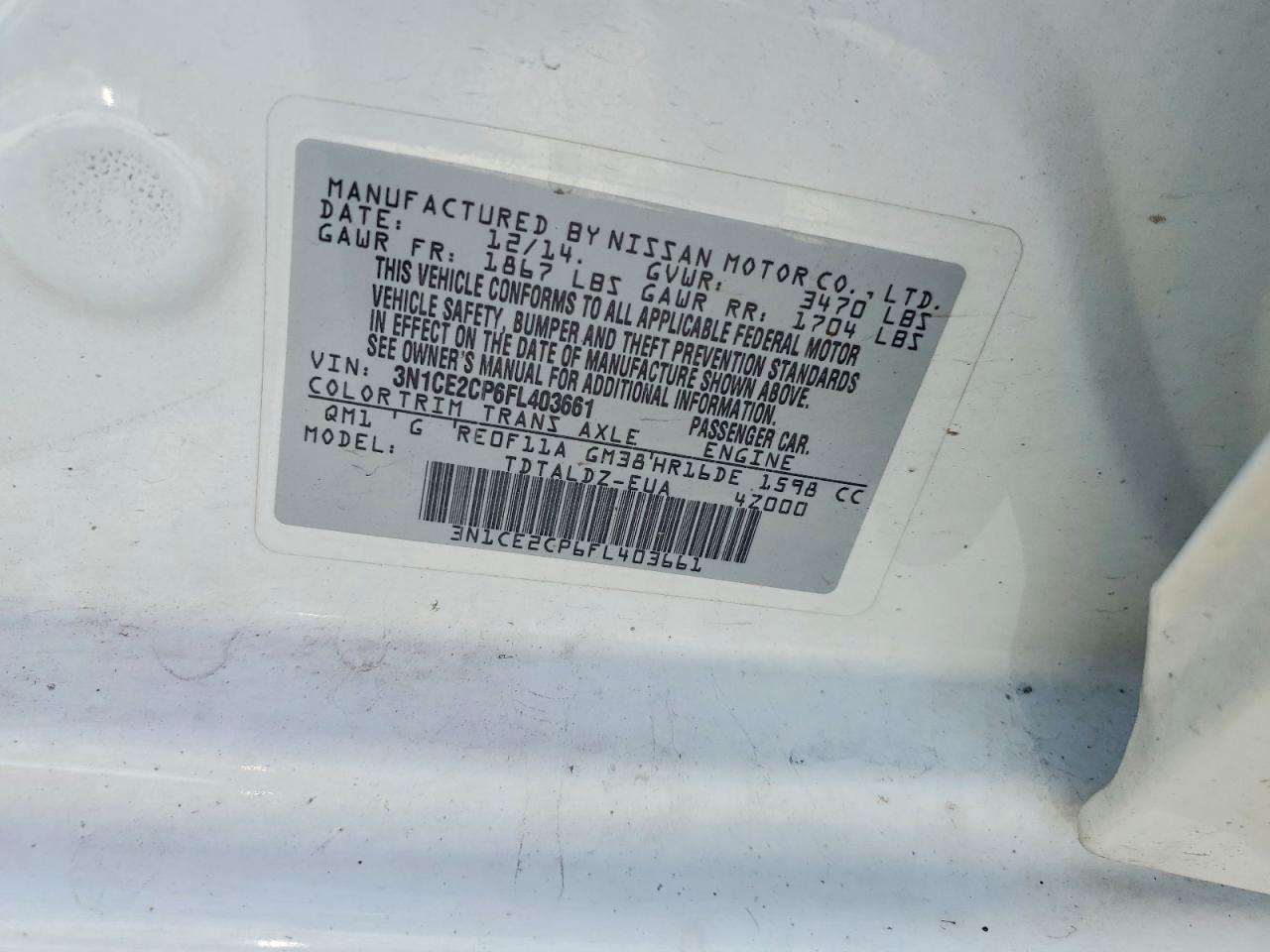 2015 Nissan Versa Note Sv White vin: 3N1CE2CP6FL403661