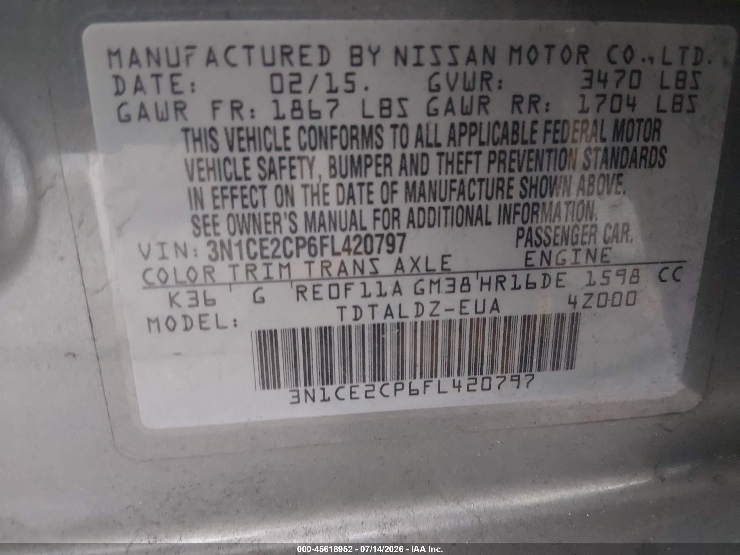 2015 Nissan Versa Note S (sr)/s Plus/sl/sr/sv Gray vin: 3N1CE2CP6FL420797