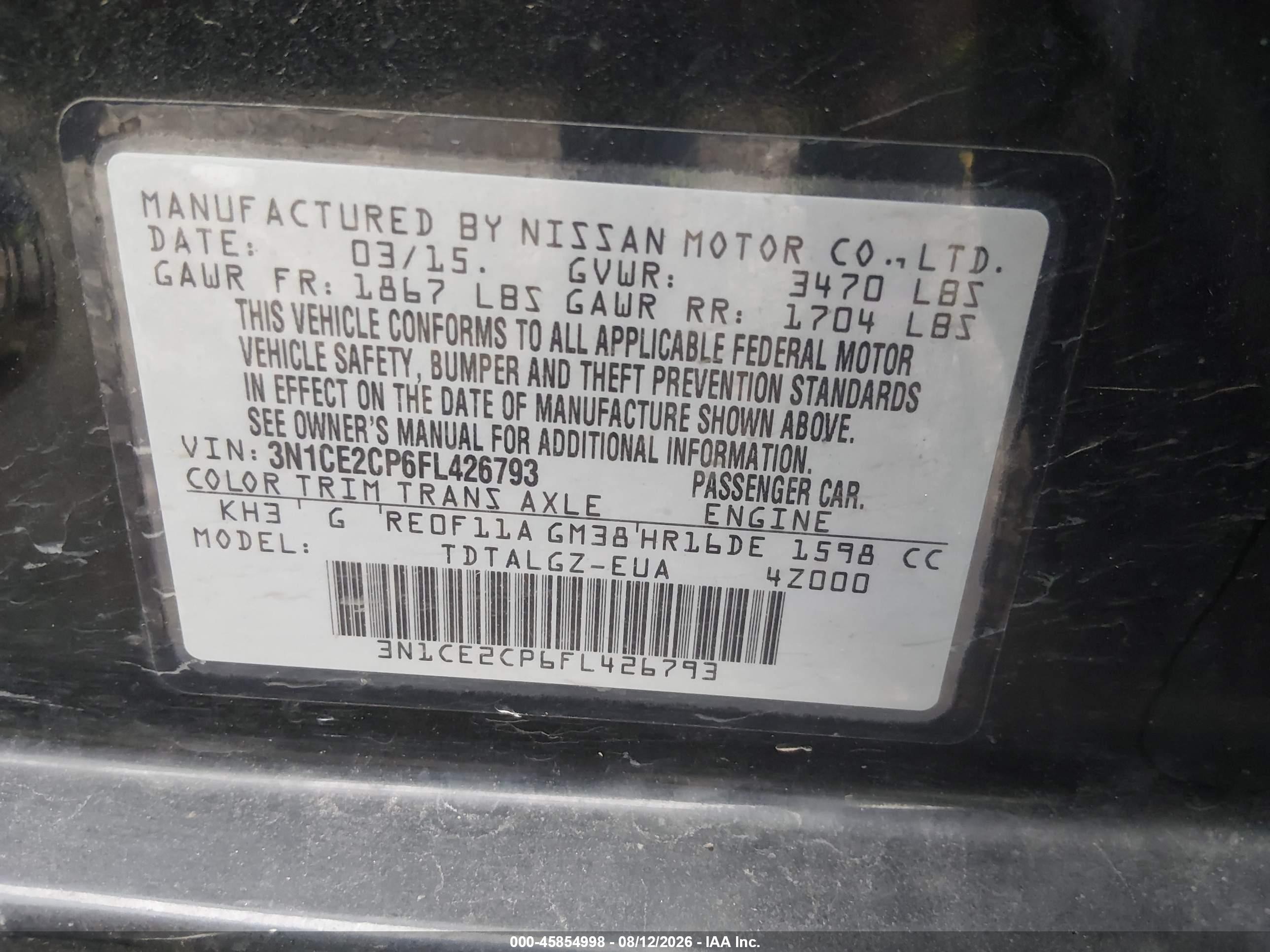 2015 Nissan Versa Note S/s Plus/sv/sl/sr Black vin: 3N1CE2CP6FL426793