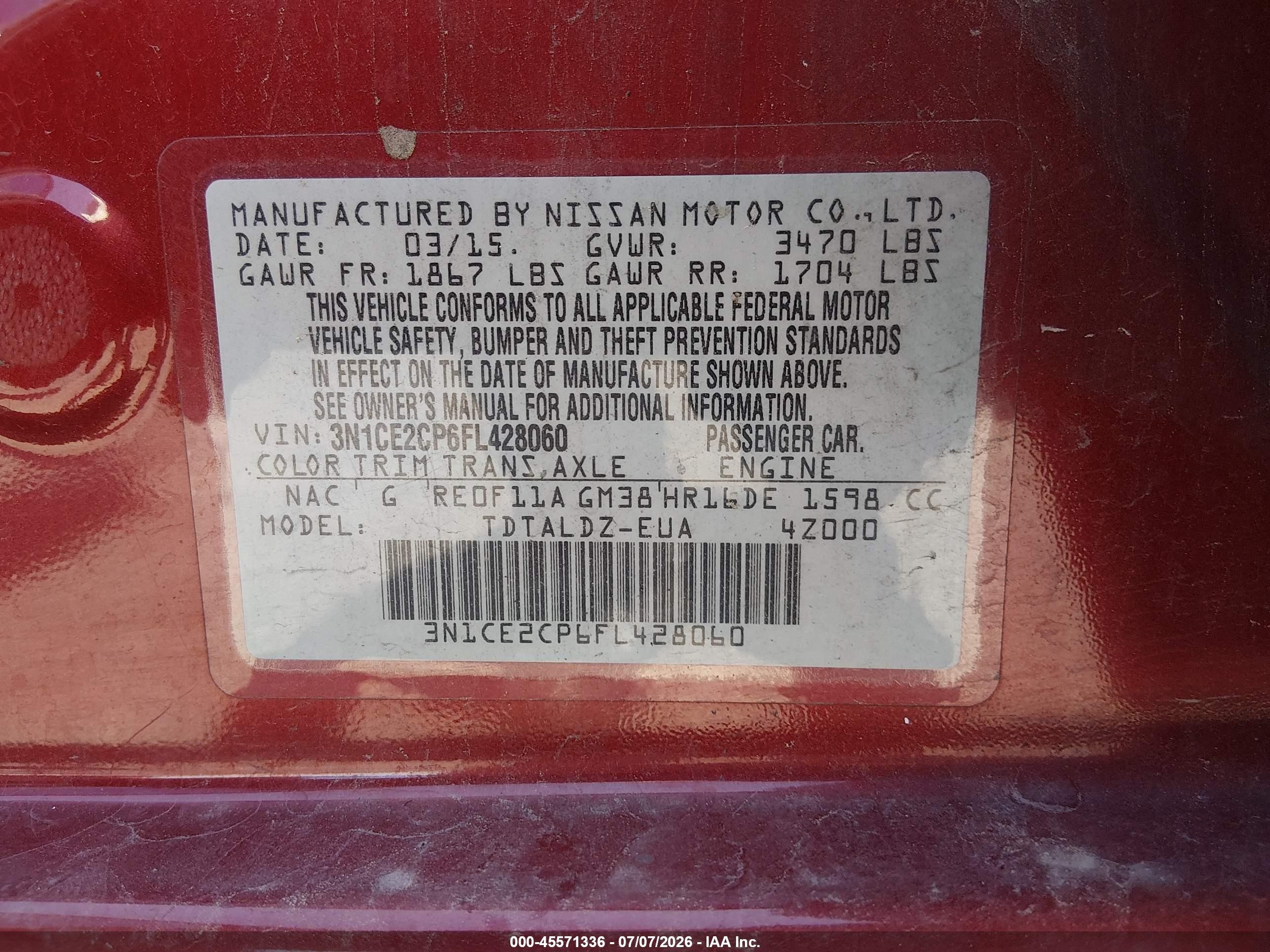 2015 Nissan Versa Note Sv Red vin: 3N1CE2CP6FL428060