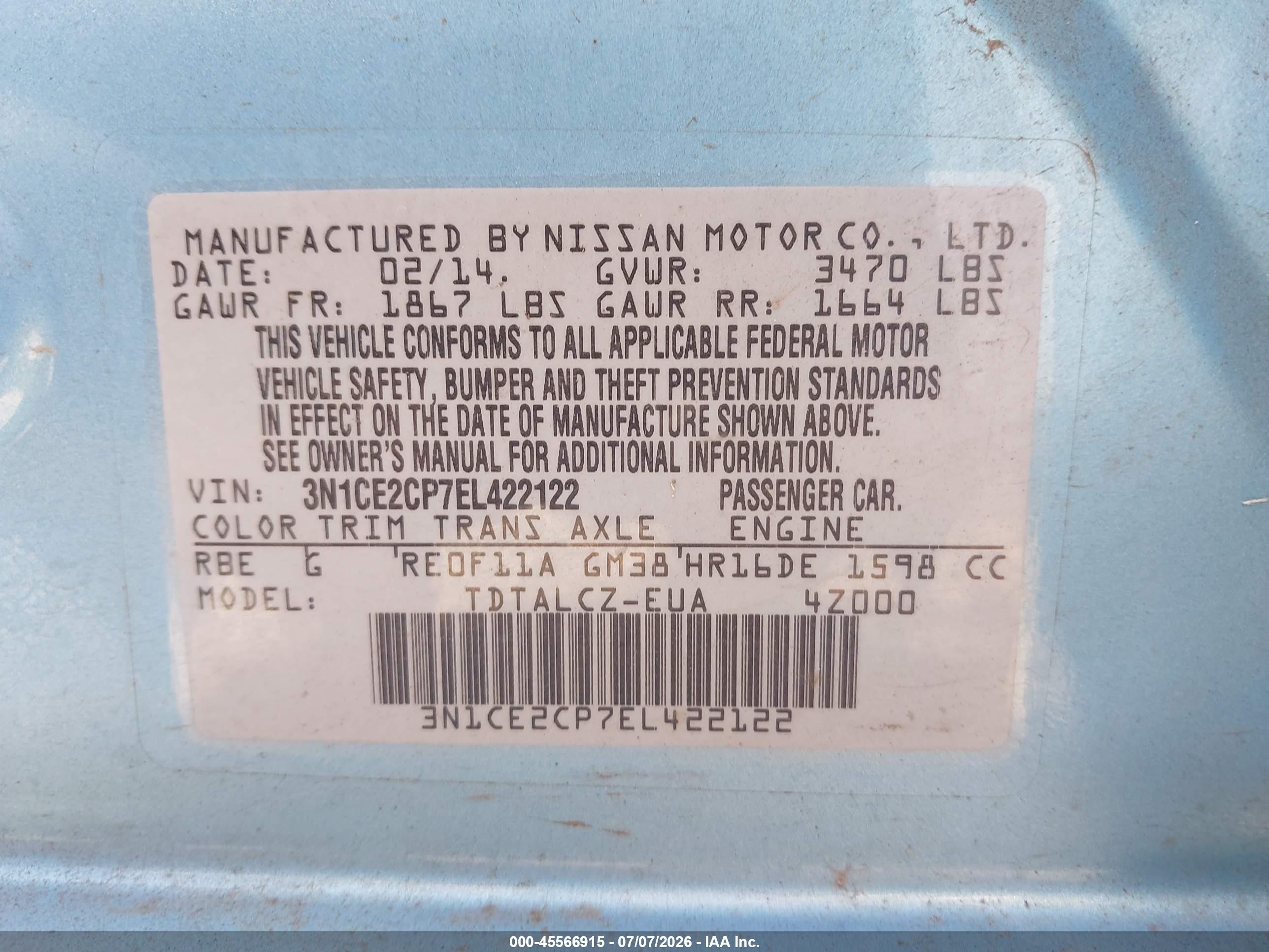 2014 Nissan Versa Note S Plus Light Blue vin: 3N1CE2CP7EL422122